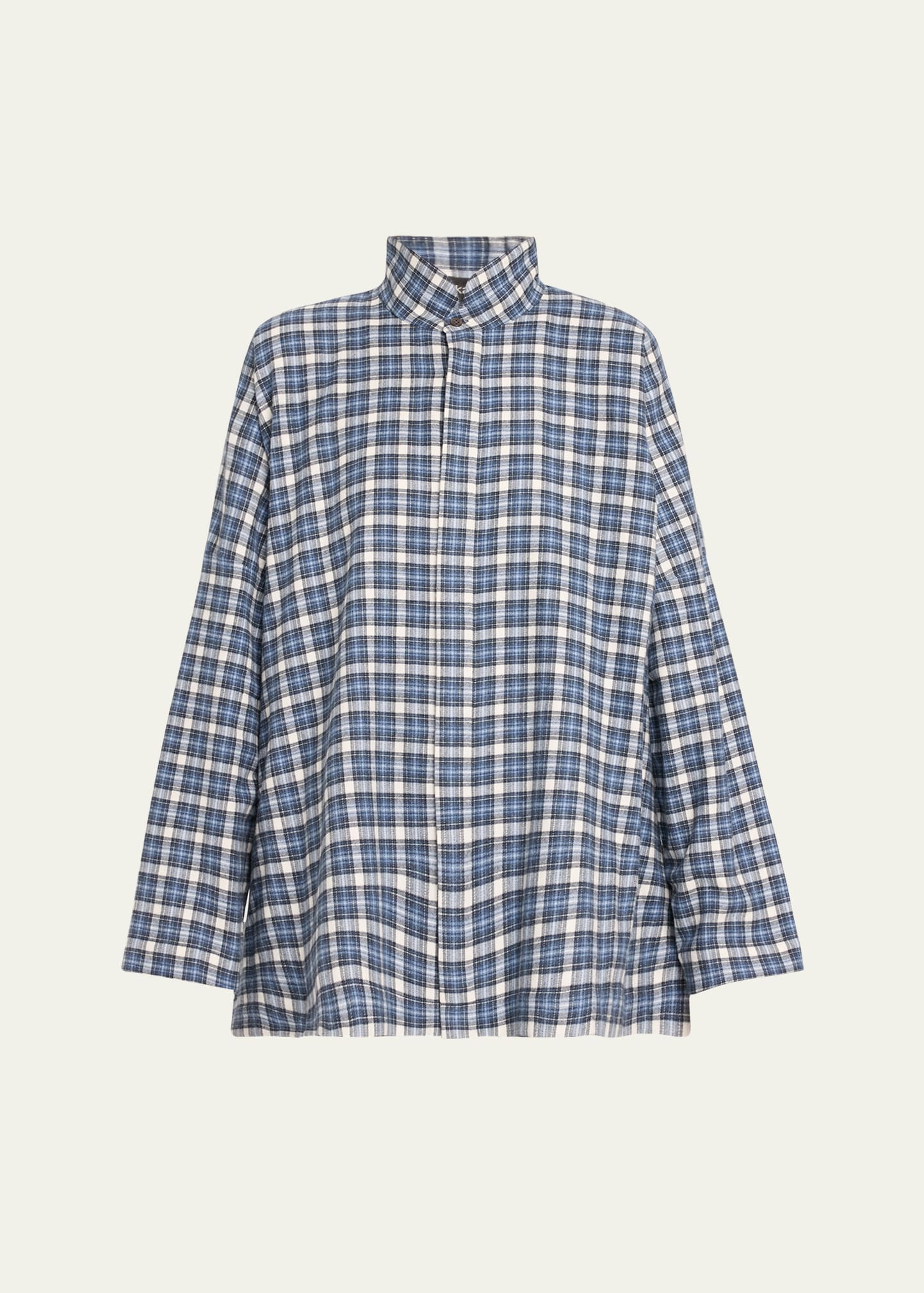 Plaid Wide Longer-Back Double Stand Collar Shirt (Mid Plus Length)