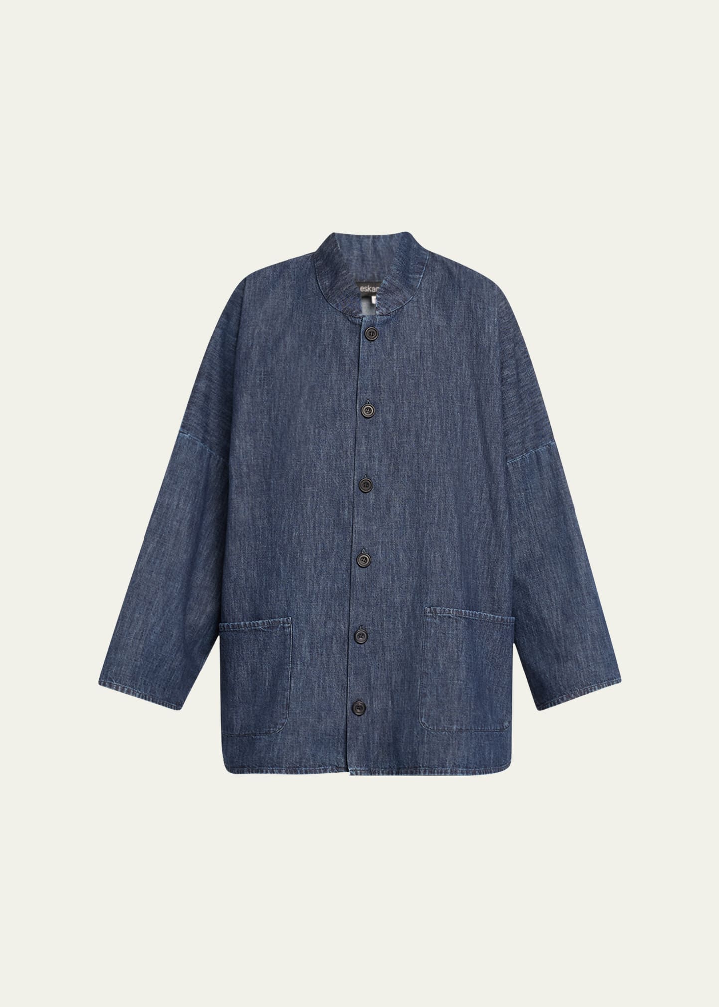 Shop Eskandar Denim Imperial Shirt With Chinese Collar (long Length) In Jeandark