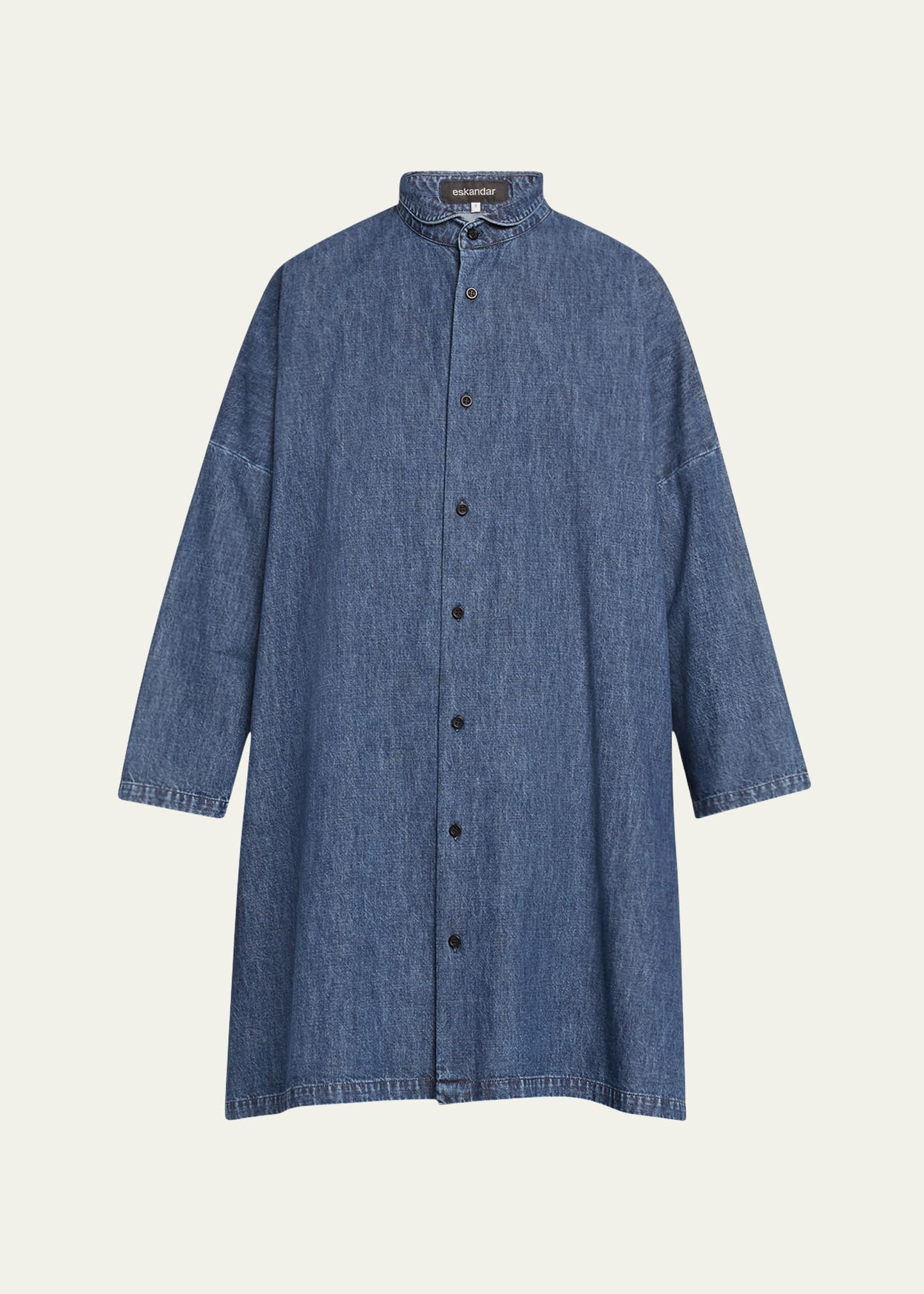 Denim Wide Longer-Back Double Stand Collar Shirt (Very long Plus Length)