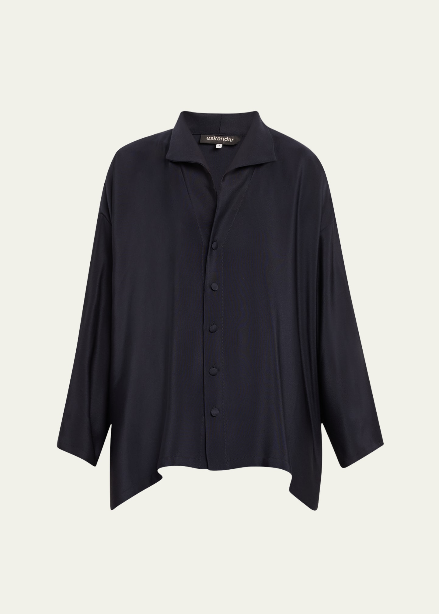 Wide A-Line Shirt with Open Standup Collar (Mid Plus Length)