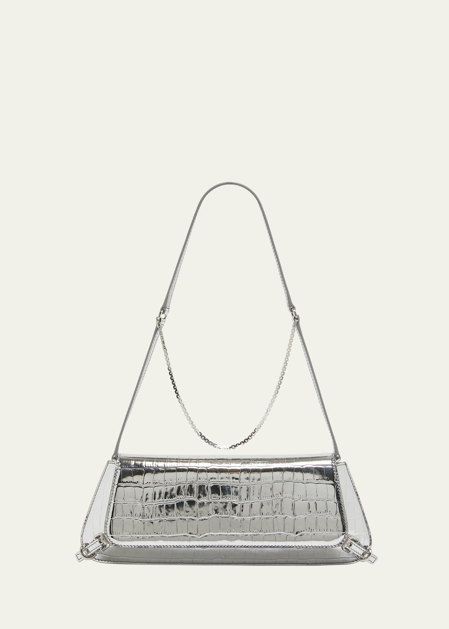 Shop Givenchy Voyou East-west Shoulder Bag In Metallic Croc-embossed Leather In 934-light Silvery