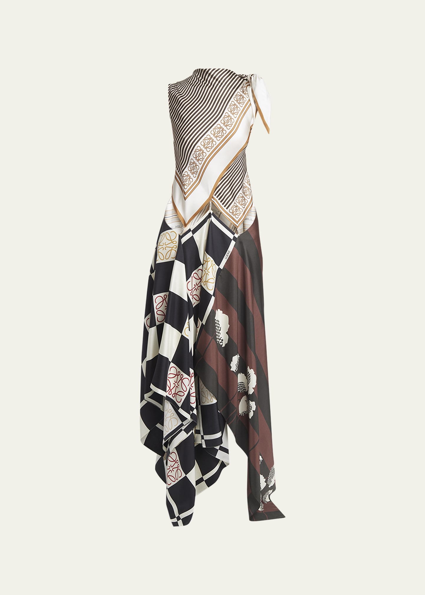 Loewe X Paula Ibiza Multi-printed Scarf Midi Dress With Cutout Detail In Brown