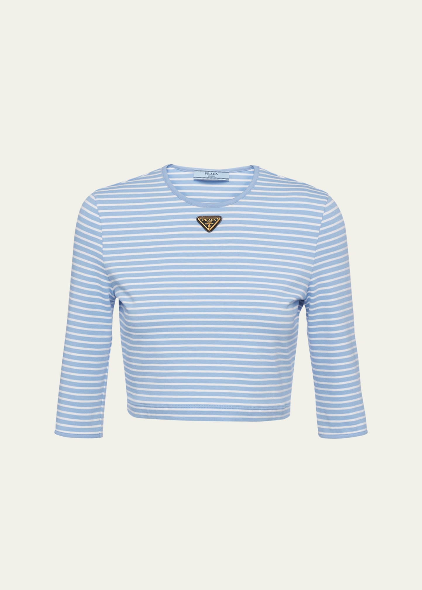 Shop Prada Stripe Three-quarter Sleeve Jersey Crop Shirt In F0d9k Celeste Bia