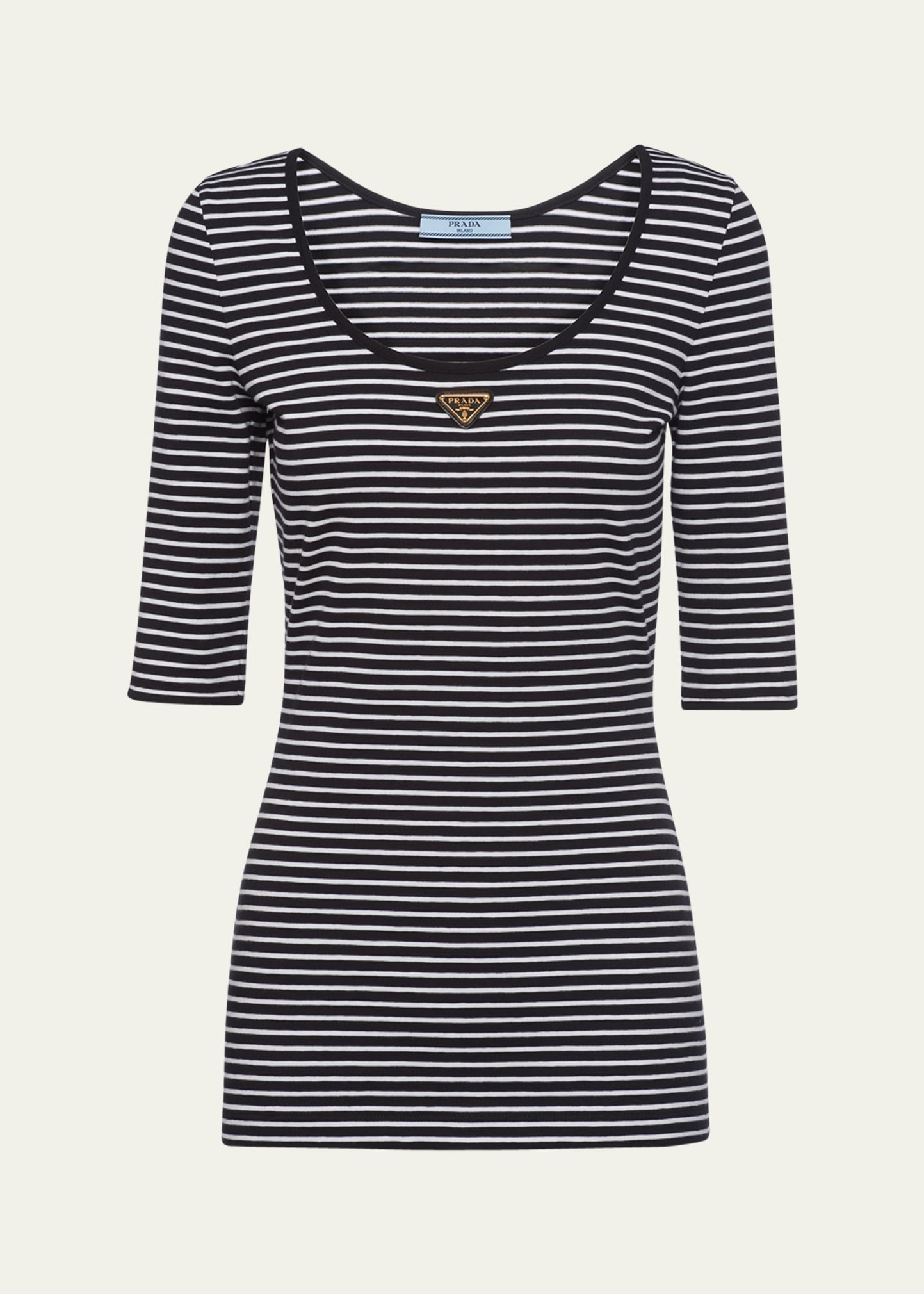 Prada Stripe Three-quarter Sleeve Jersey Top In F0967 Nero Bianco