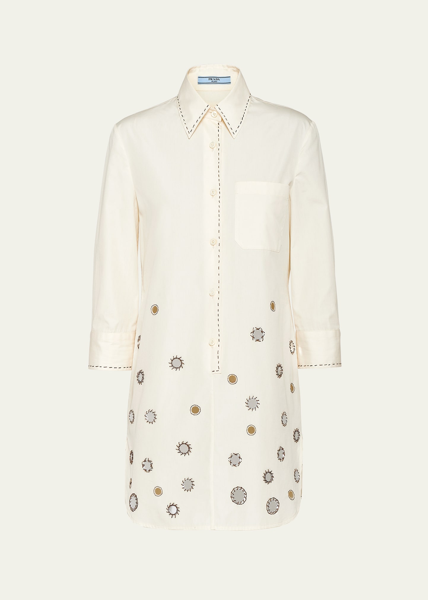 Prada Mirrored Three-quarter Sleeve Poplin Mini Dress In Beige Khaki