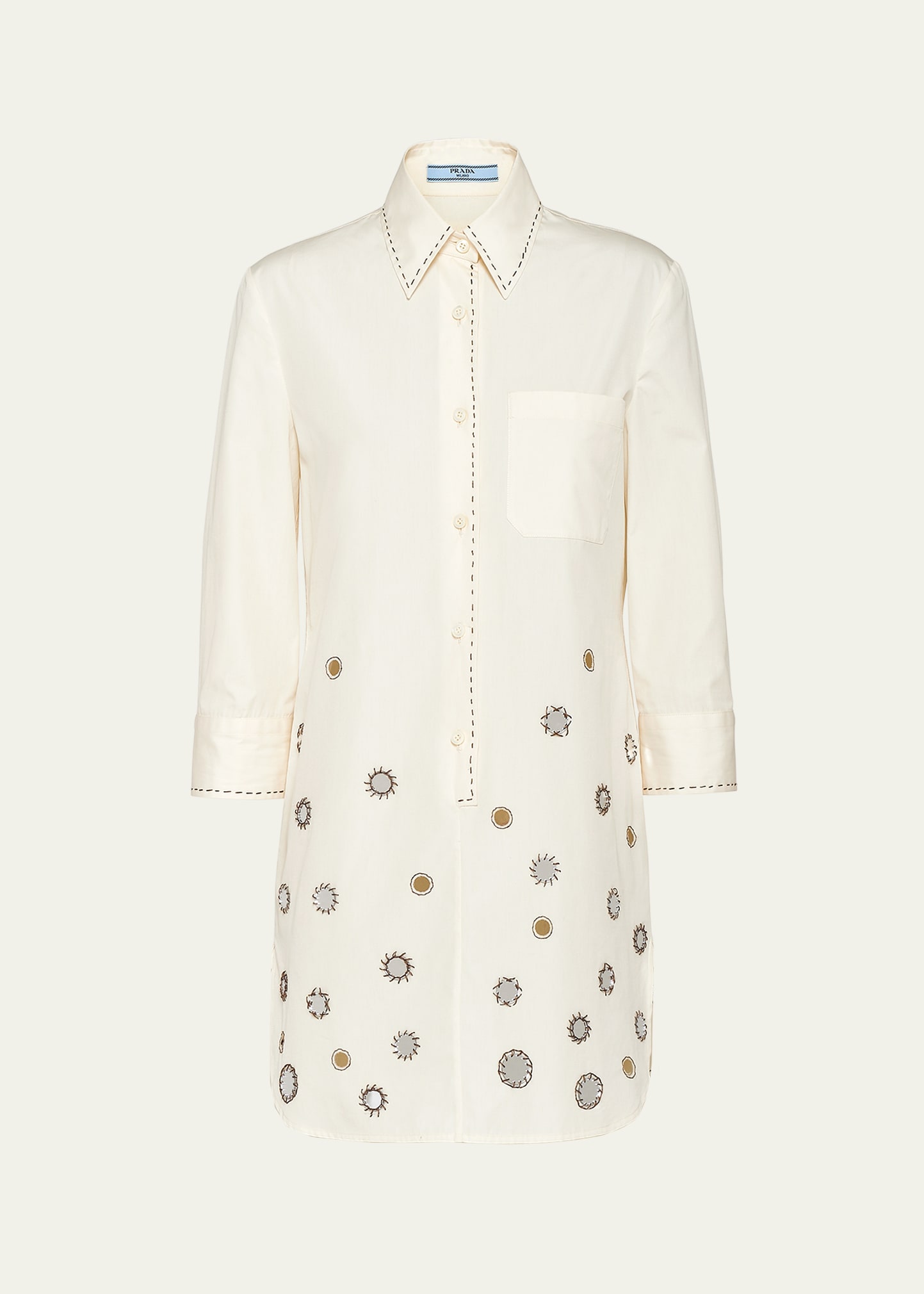 Prada Mirrored Three-quarter Sleeve Poplin Mini Dress In F0018 Naturale