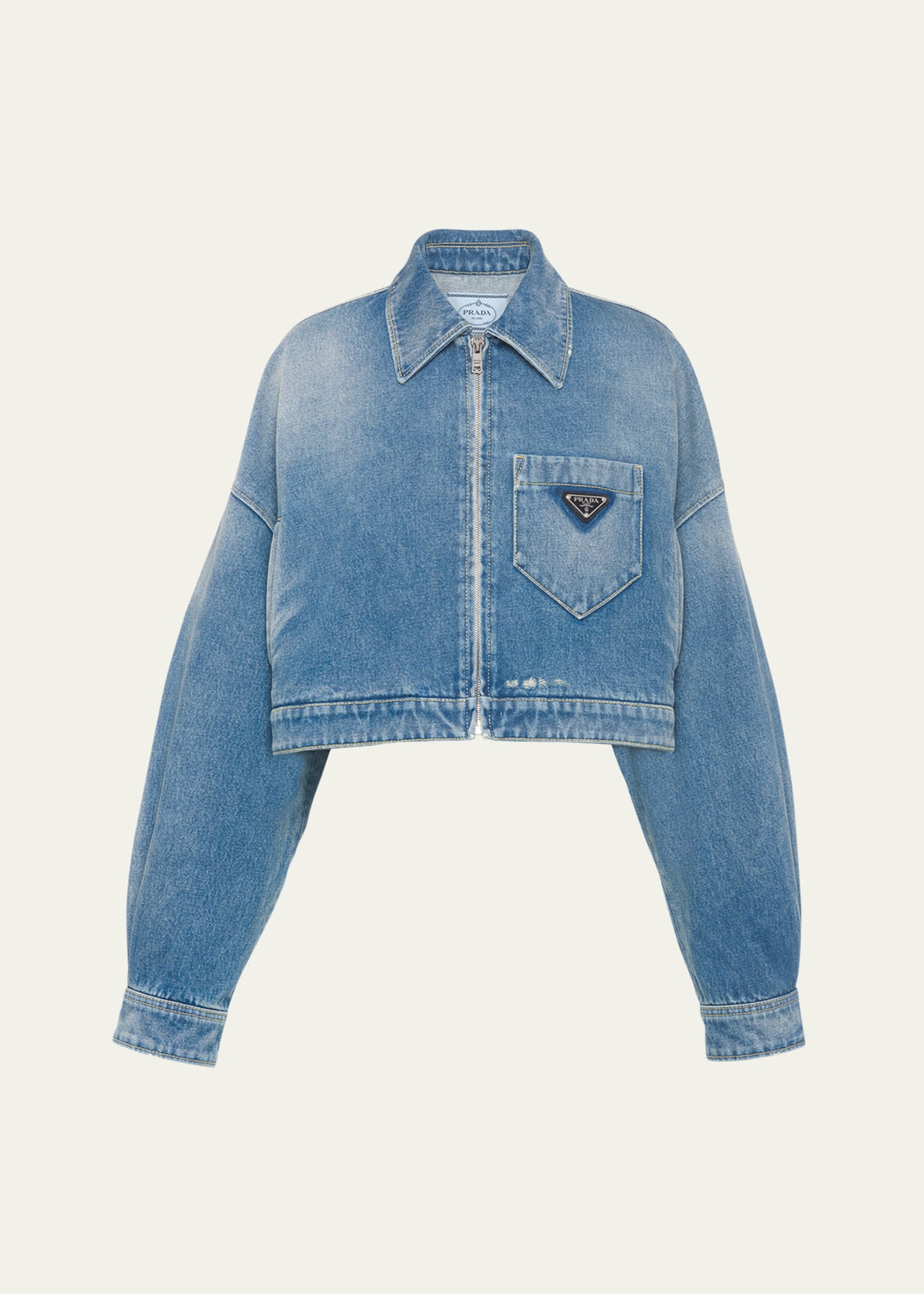 Prada Long-sleeved Zipper Denim Jacket In F0ban Mid Blue