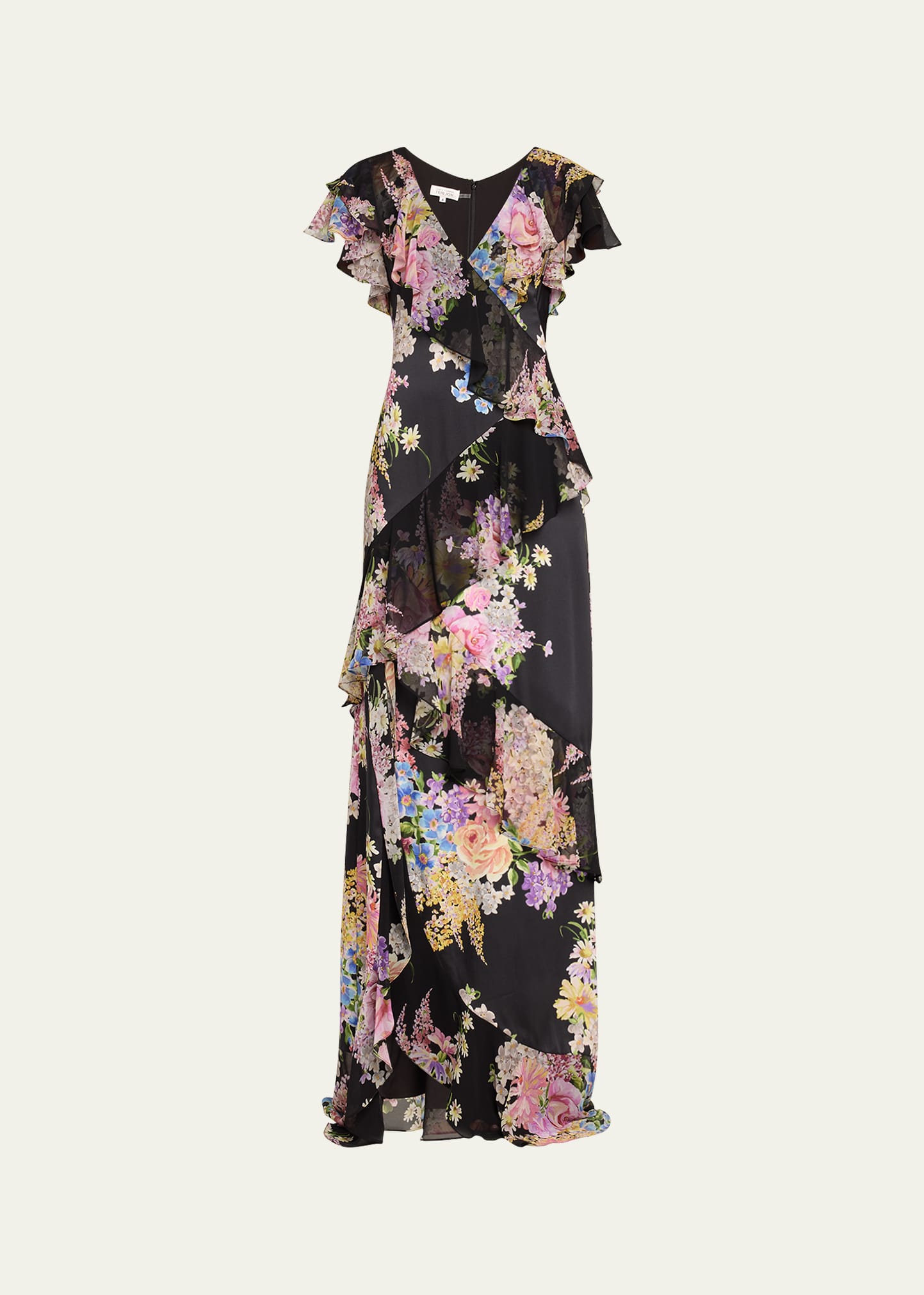 Shop Rickie Freeman For Teri Jon Floral-print Ruffle Chiffon Gown In Black Mult