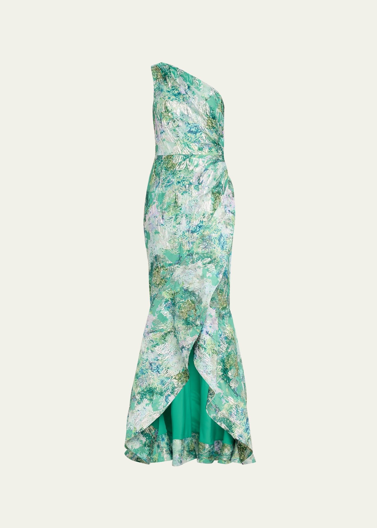 Shop Rickie Freeman For Teri Jon One-shoulder High-low Jacquard Gown In Green Mult