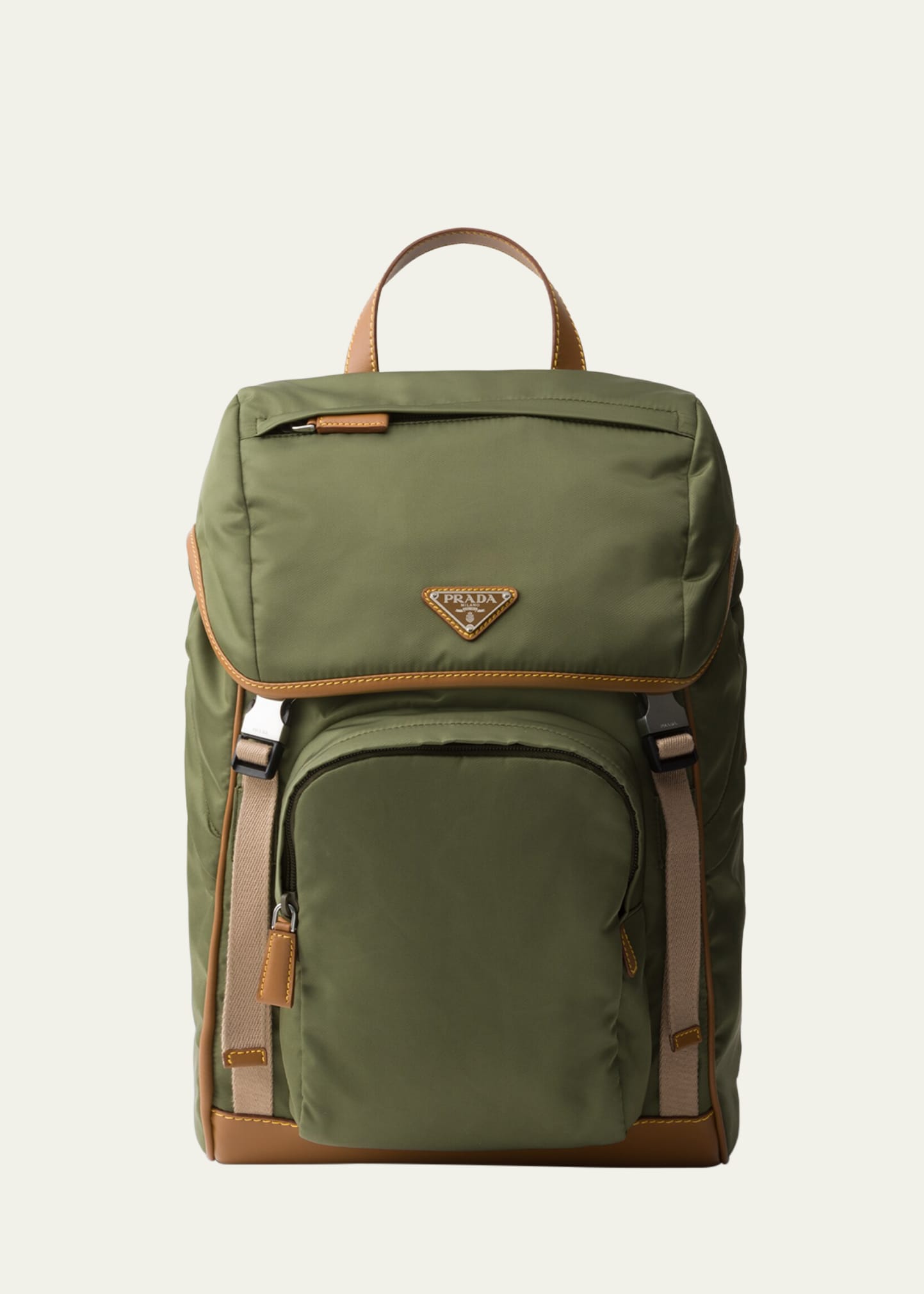 Prada Men's Recycled Nylon And Leather Backpack In F03uq Militarecar