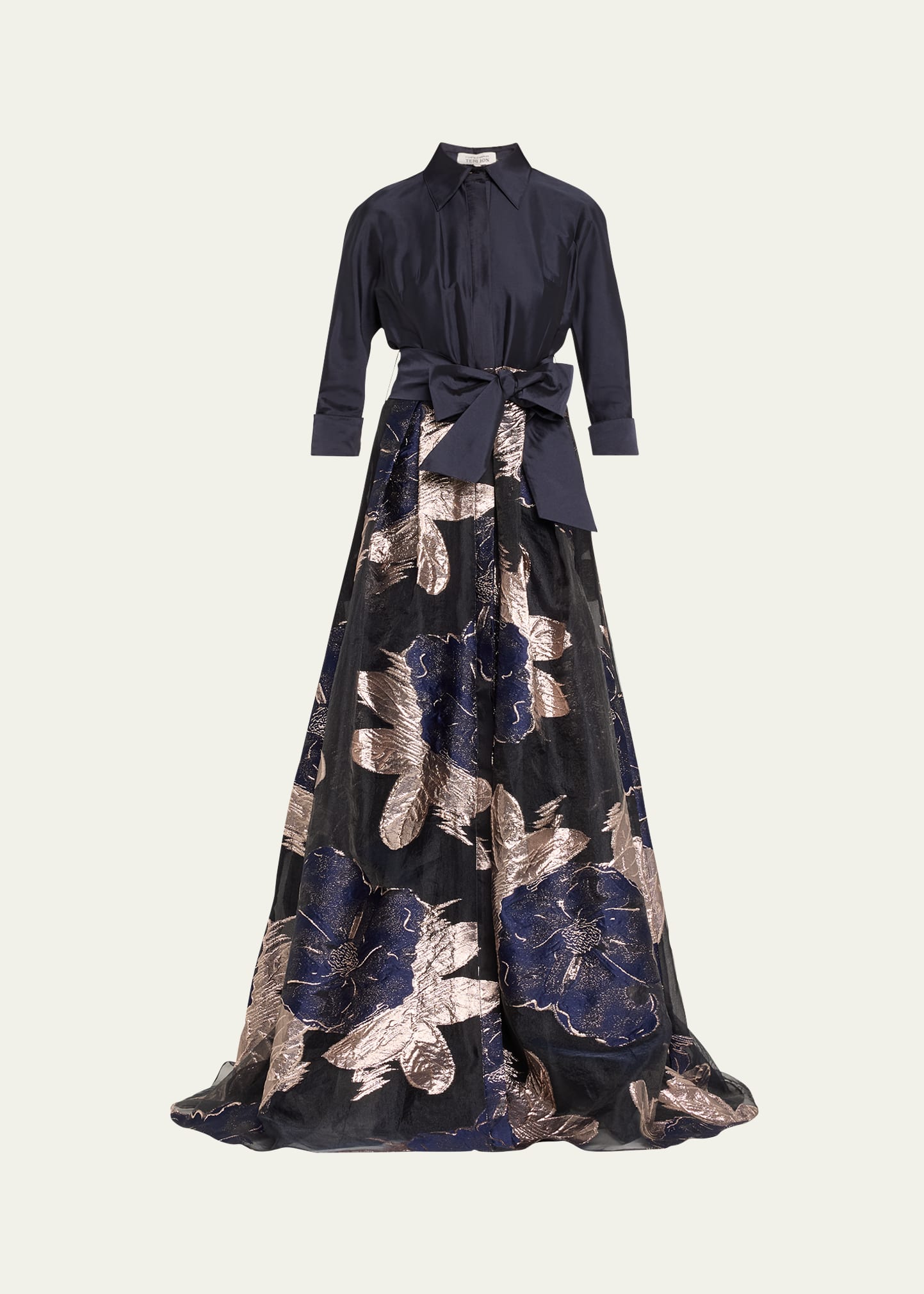 Rickie Freeman For Teri Jon Metallic Floral Organza Shirt Gown In Navy Multi