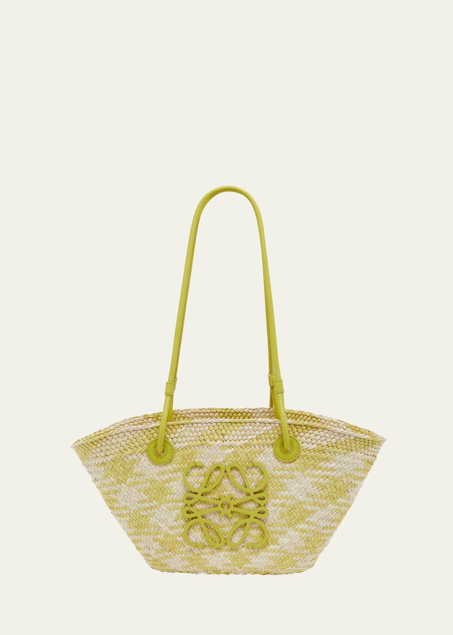 Shop Loewe X Paula's Ibiza Anagram Basket Shoulder Bag In Checkered Iraca Palm With Leather Handles In Natural/lime Gree