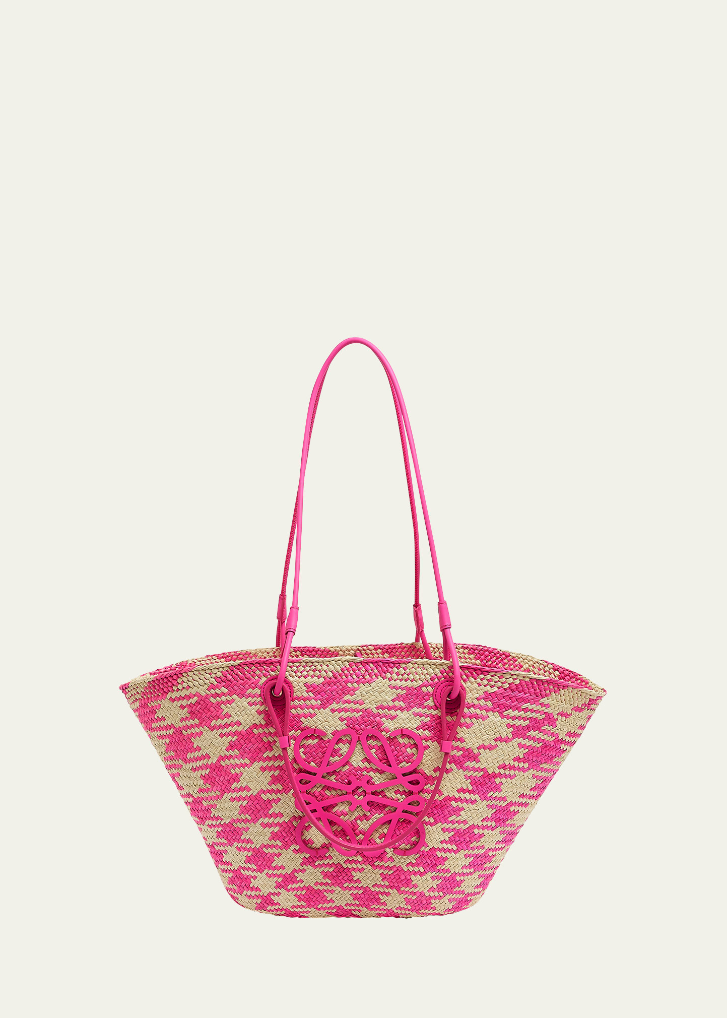 Shop Loewe X Paula's Ibiza Medium Anagram Basket Tote Bag In Checkered Iraca Palm With Leather Handles In Natural/fuchsia