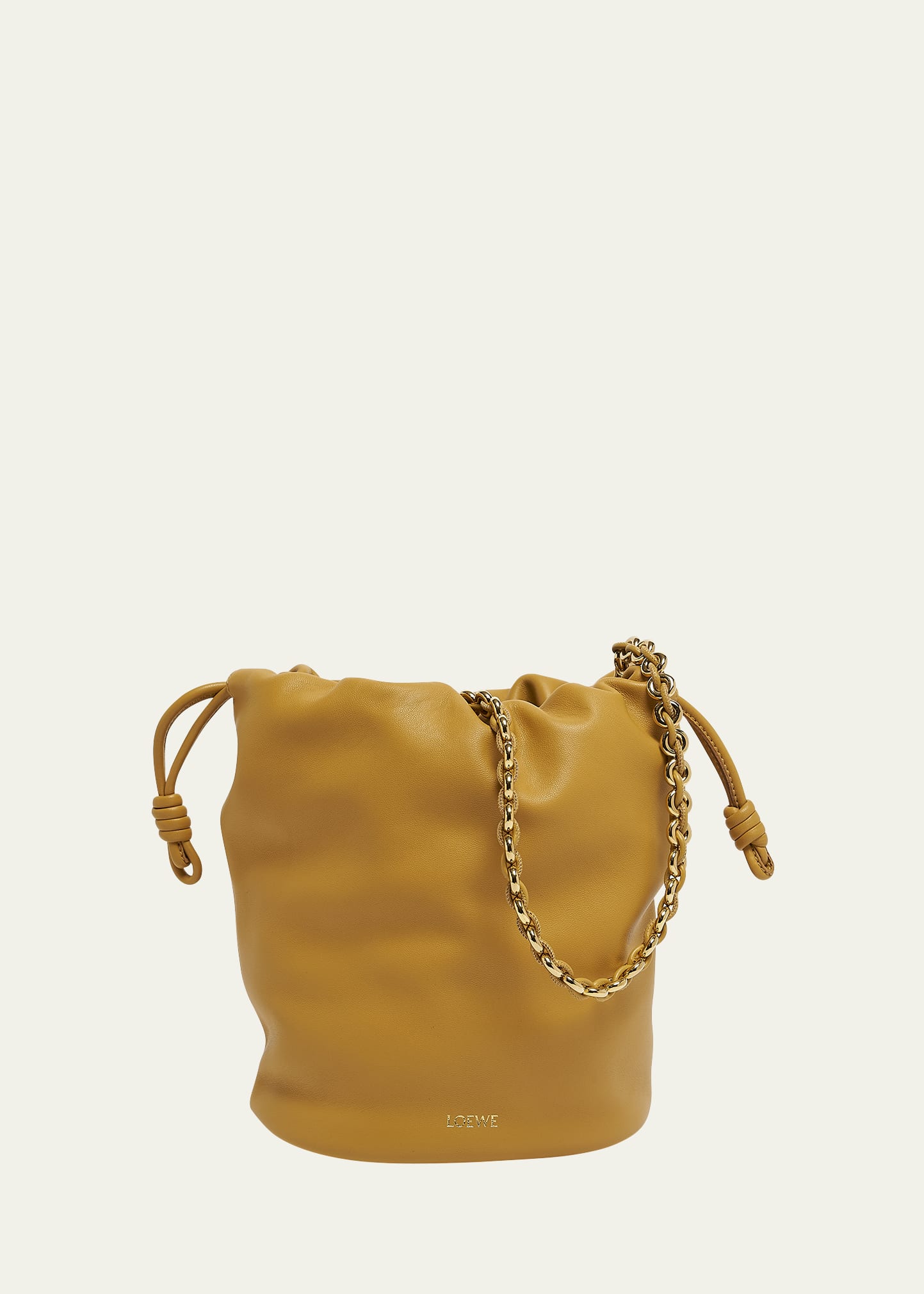 Shop Loewe X Paula's Ibiza Flamenco Bucket Bag In Napa Leather With Chain In Sahara