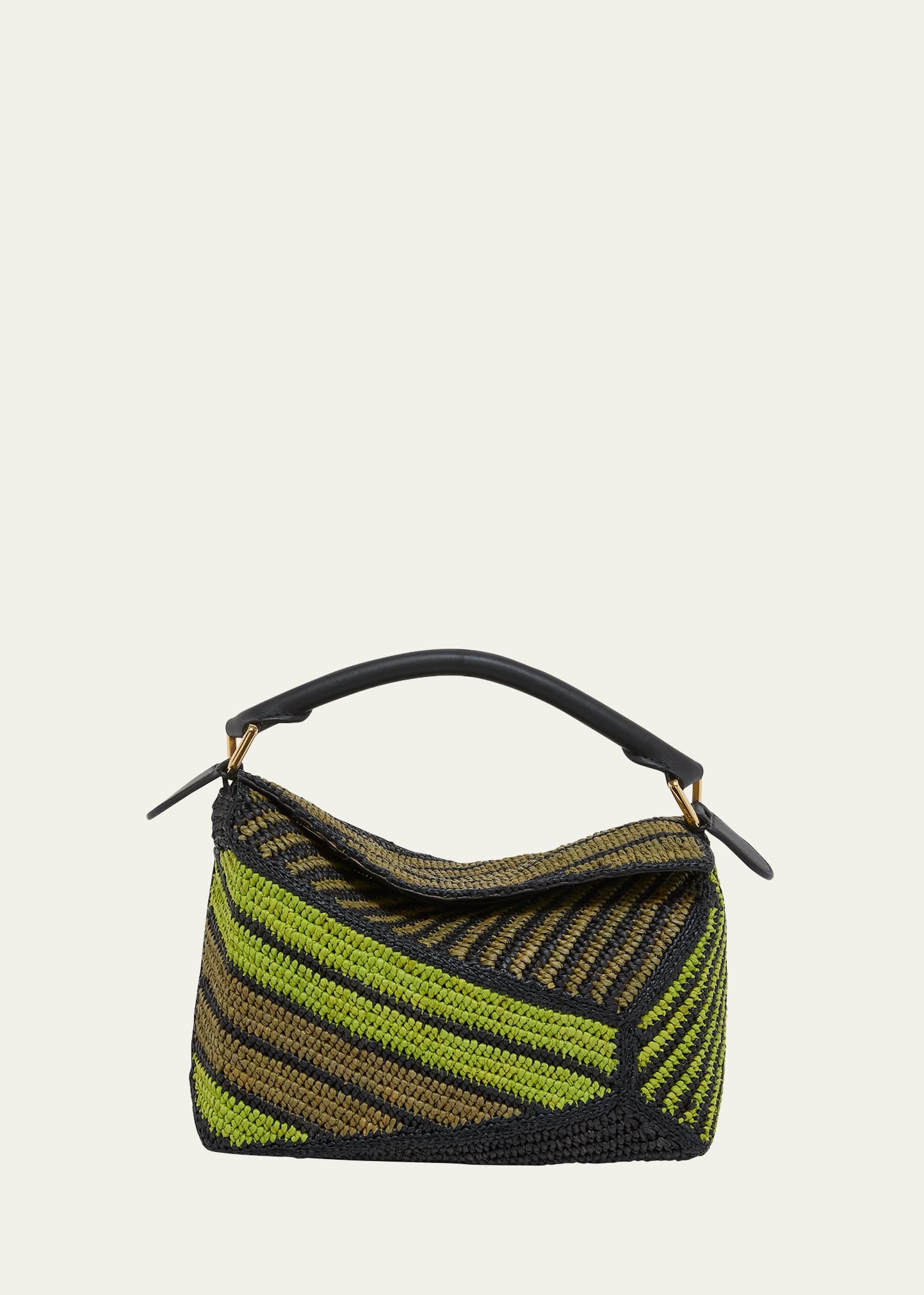Loewe X Paula's Ibiza Puzzle Edge Small Top-handle Bag In Striped Raffia In Anise/olive