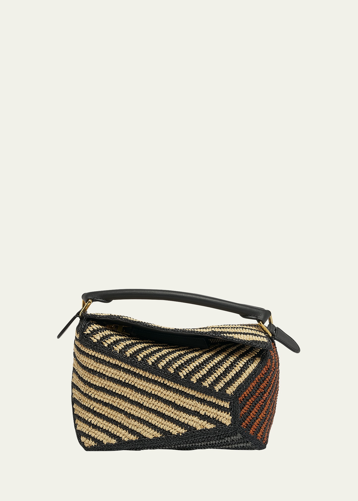 Loewe + Paula's Ibiza Puzzle Edge Small Leather-trimmed Striped Raffia Shoulder Bag In Natural/honey Gol
