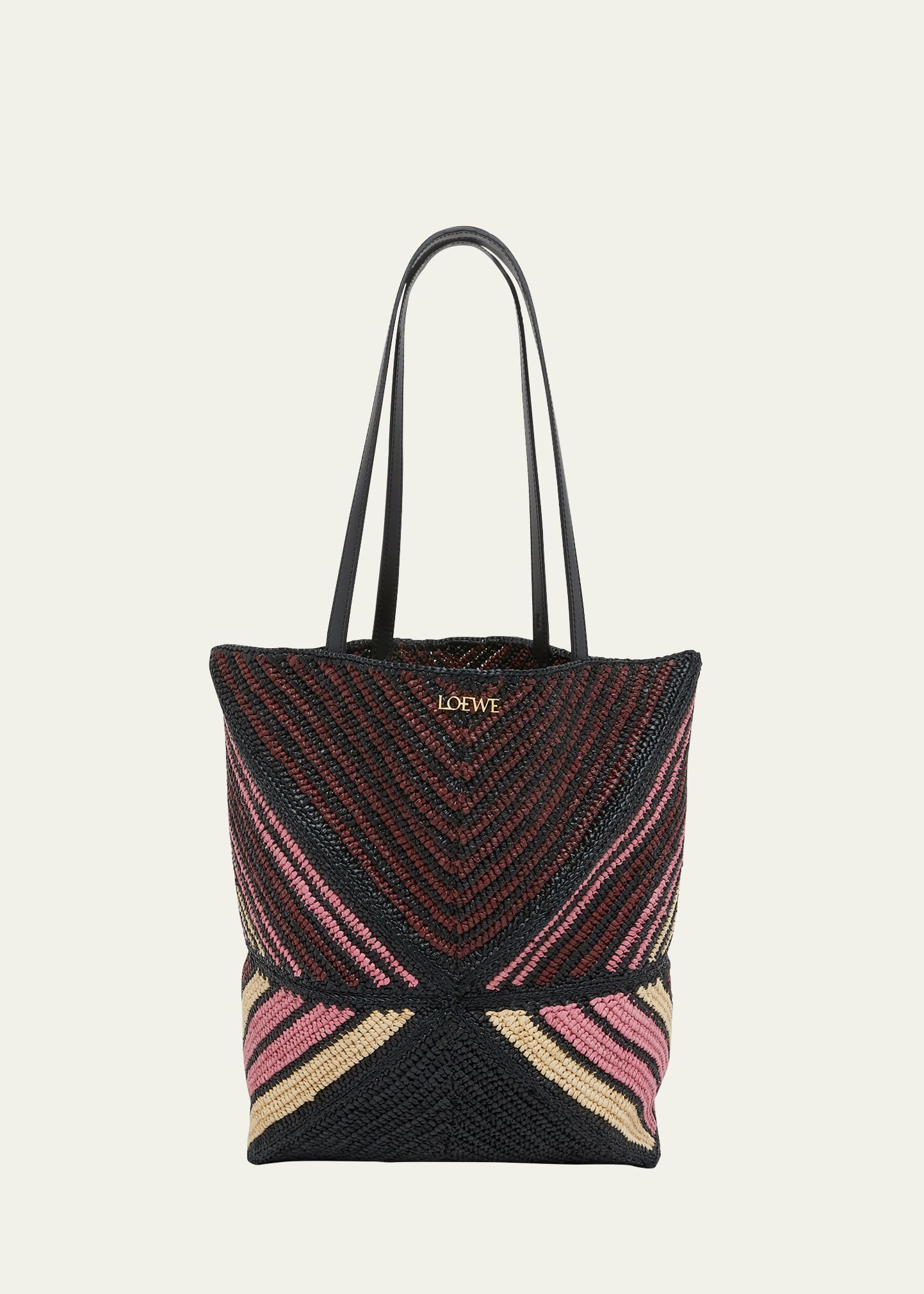Shop Loewe X Paula's Ibiza Medium Puzzle Fold Tote Bag In Striped Raffia With Leather Handles In Pink/burgundy