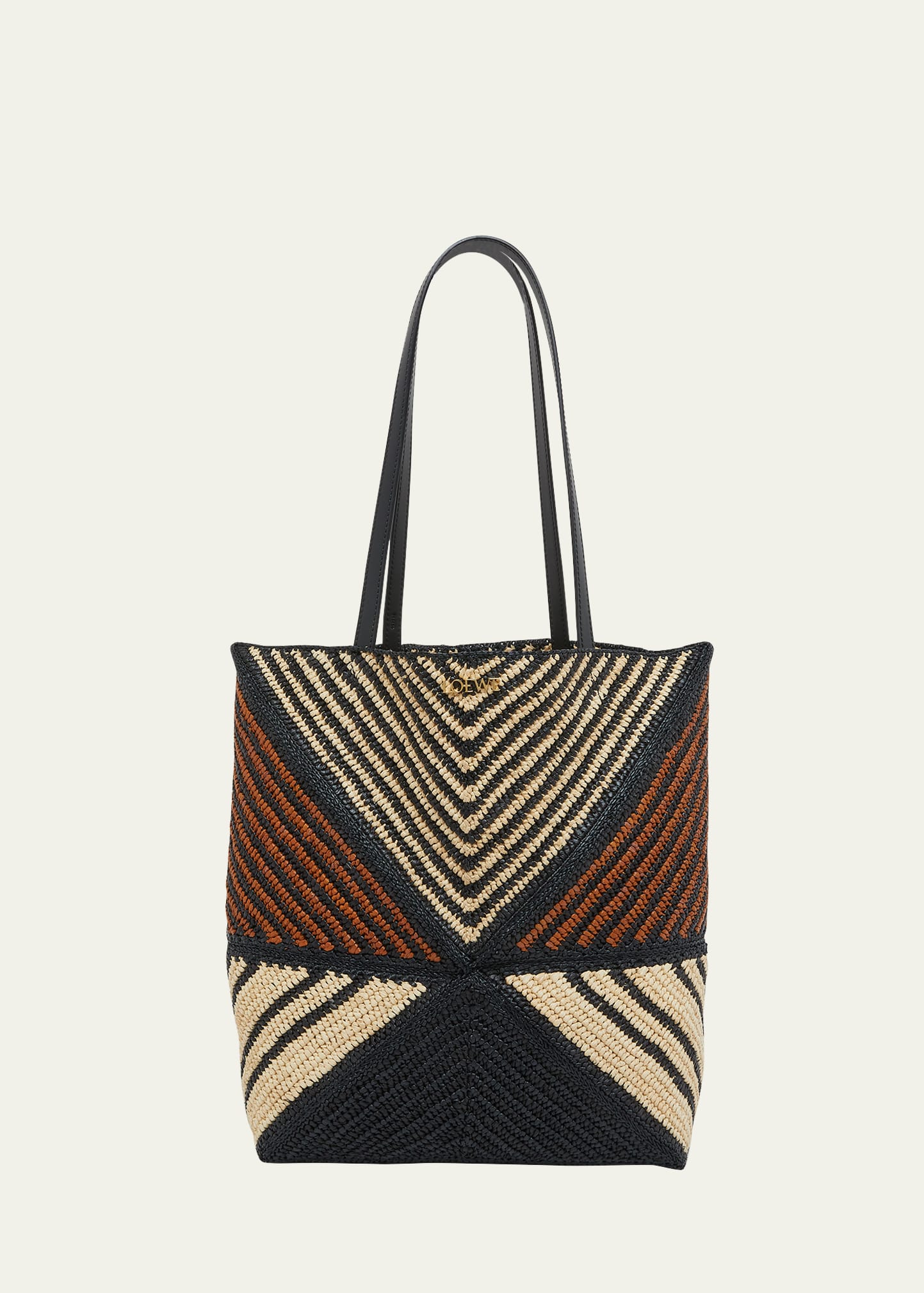 x Paula's Ibiza Medium Puzzle Fold Tote Bag in Striped Raffia with Leather Handles