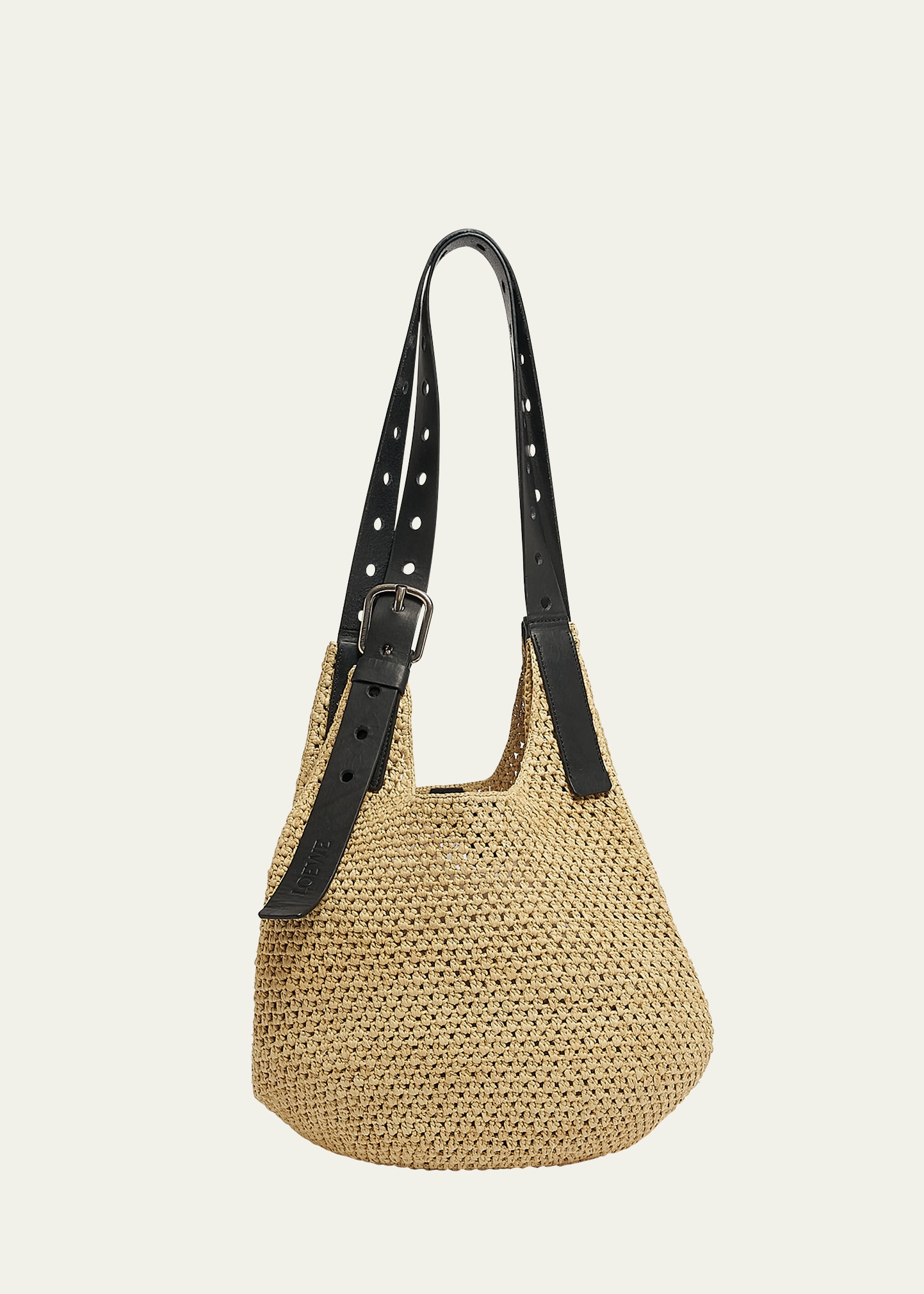 Shop Loewe X Paula's Ibiza Punch Hole Hobo Bag In Raffia With Leather Strap In Natural/black