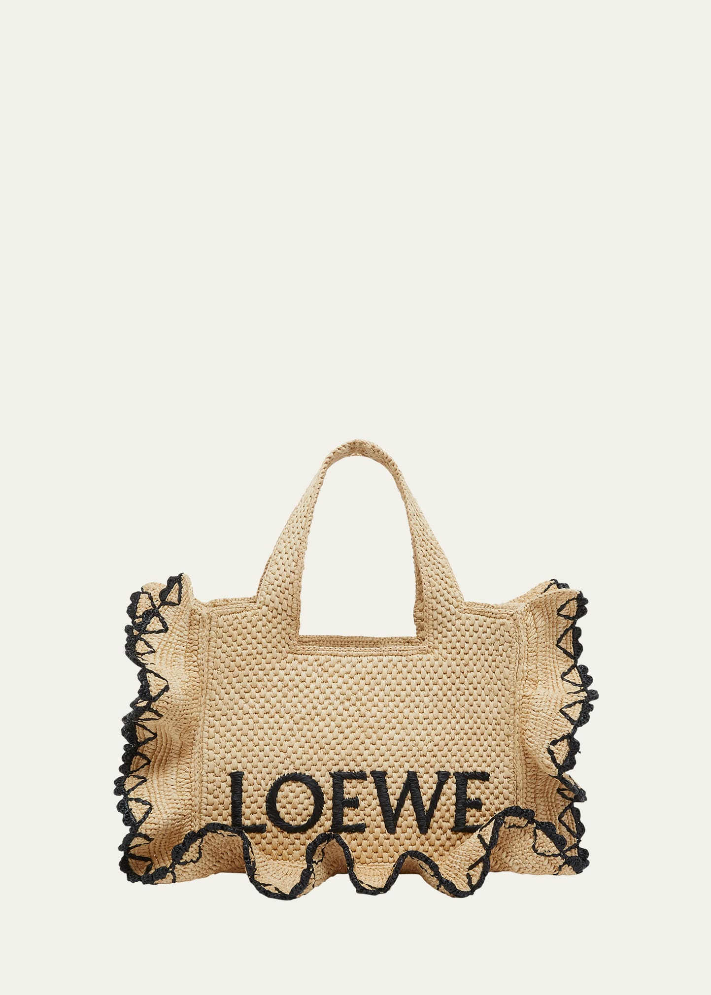 Shop Loewe X Paula's Ibiza Font Logo Small Tote Bag In Raffia With Ruffles In Natural/black