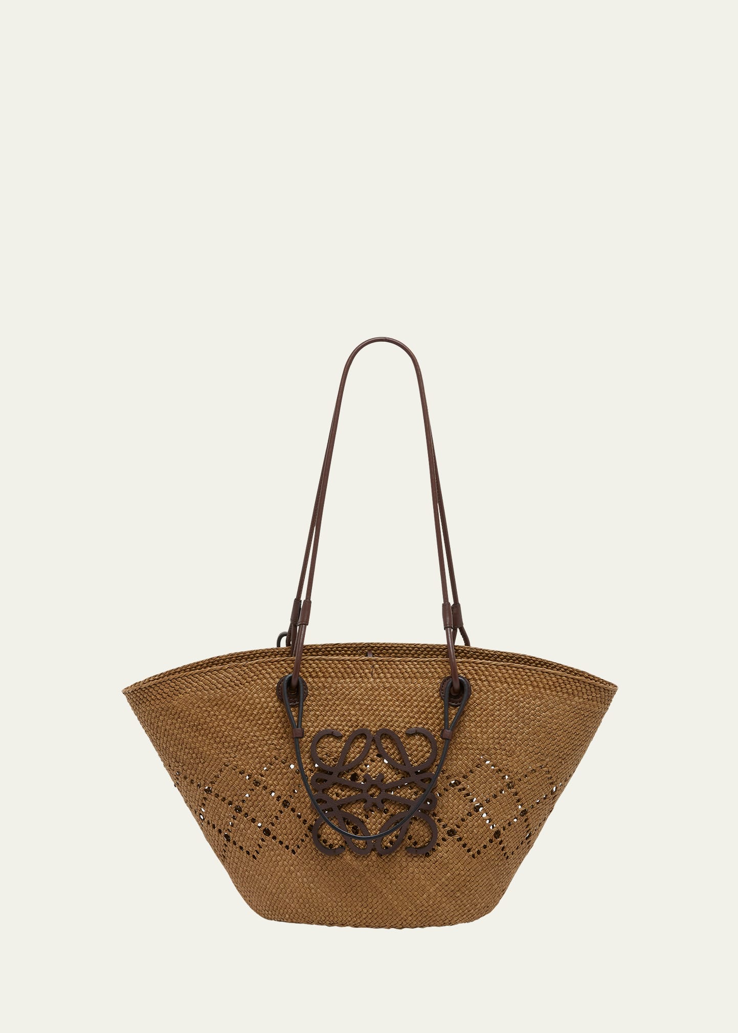 Loewe Large Anagram Basket Bag In Iraca Palm And Calfskin In Olive/chesnut