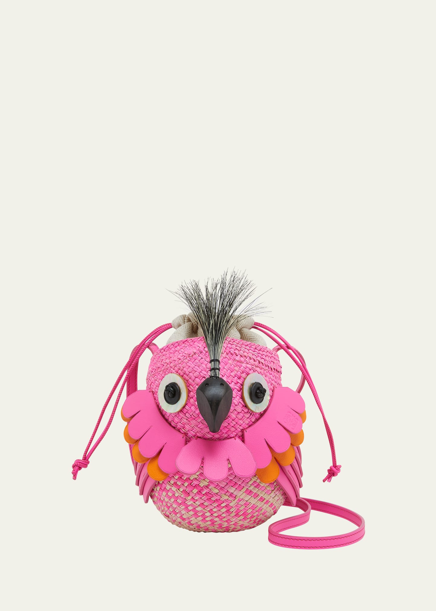 Loewe X Paula's Ibiza Bird Bag In Iraca Palm With Leather Strap In Natural/fuchsia