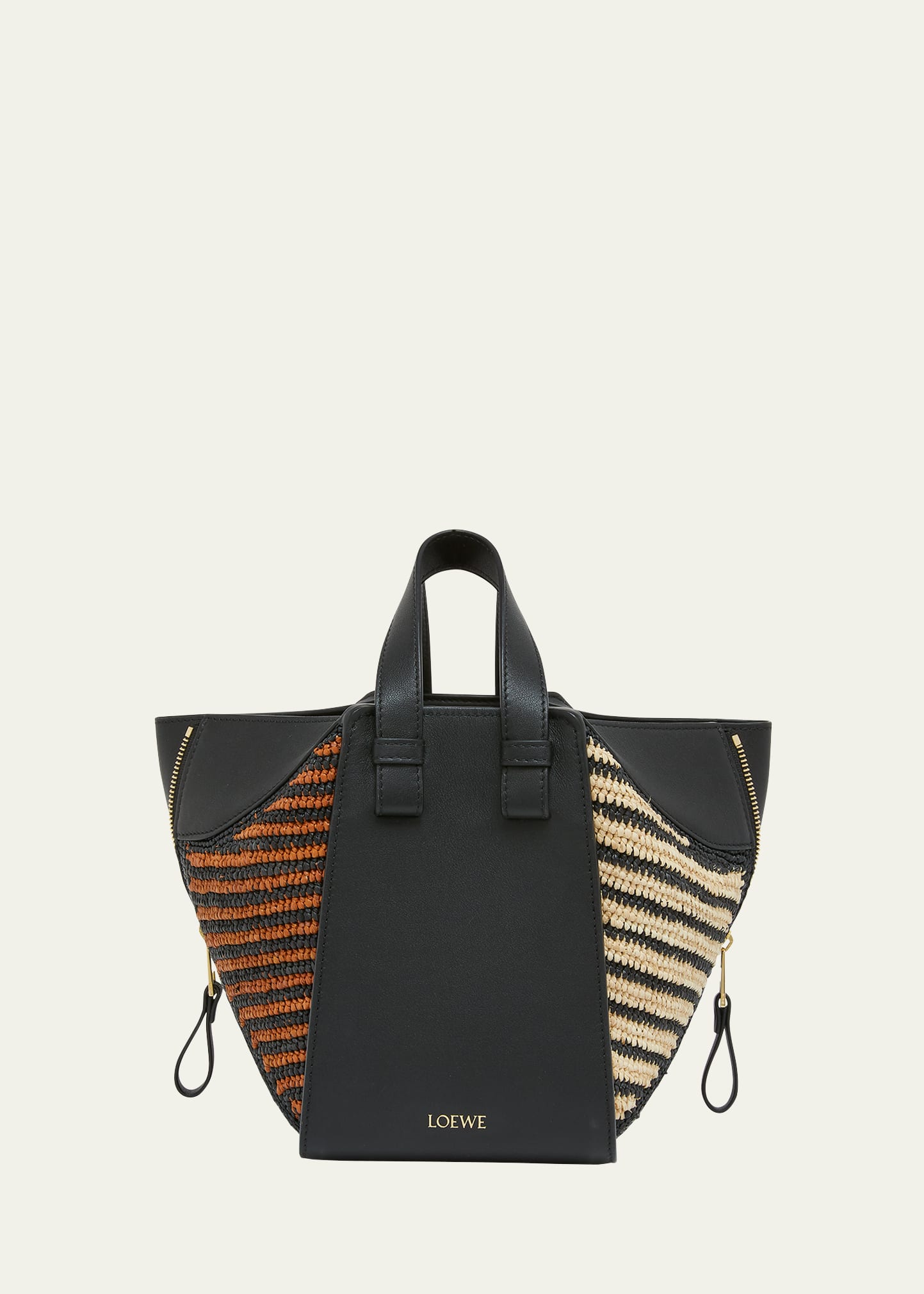 Shop Loewe X Paula's Ibiza Hammock Compact Top-handle Bag In Striped Raffia With Leather Handles In Black/natural