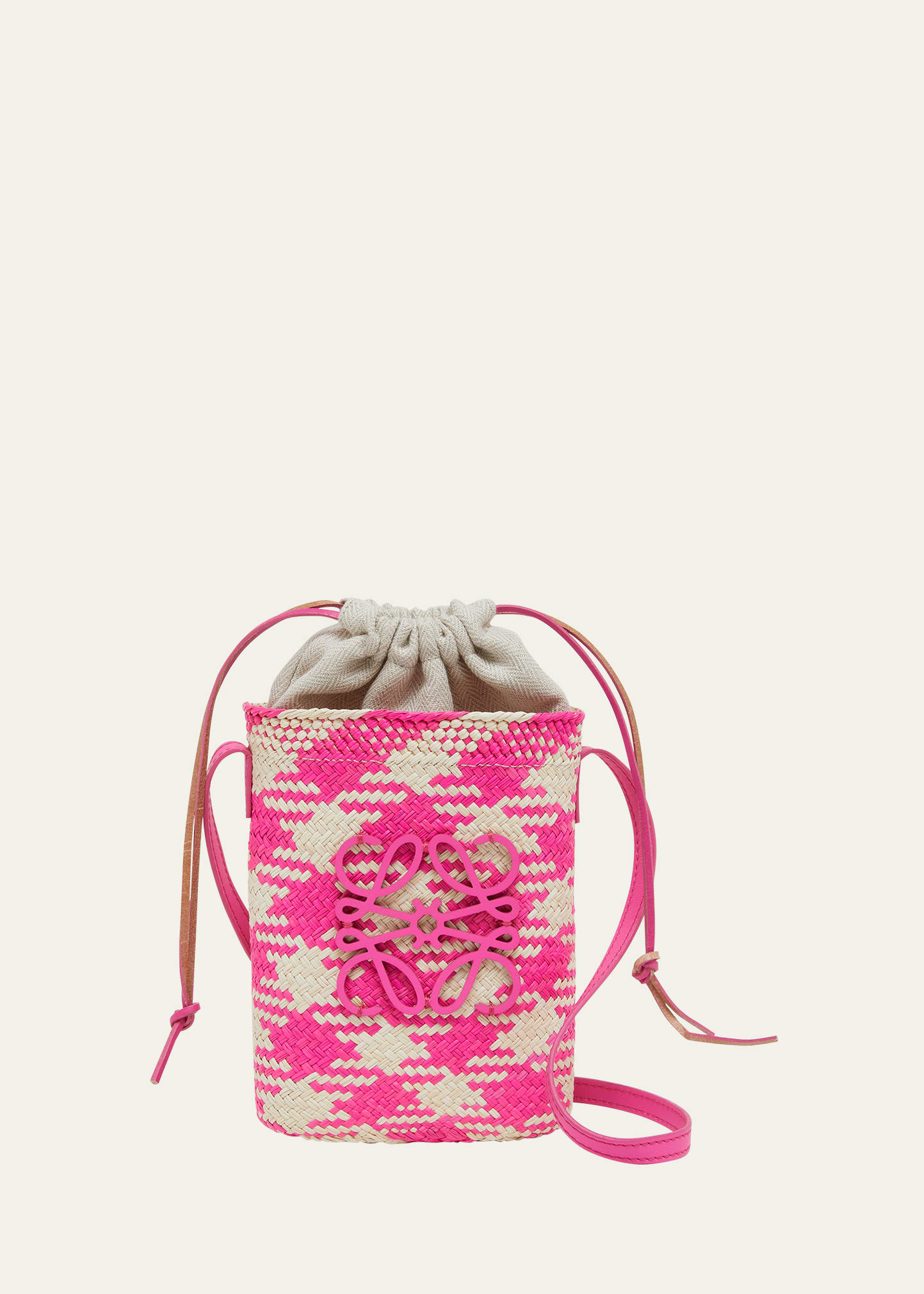 Loewe X Paula's Ibiza Iraca Pocket In Checkered Iraca Palm With Leather Strap In Natural/fuchsia