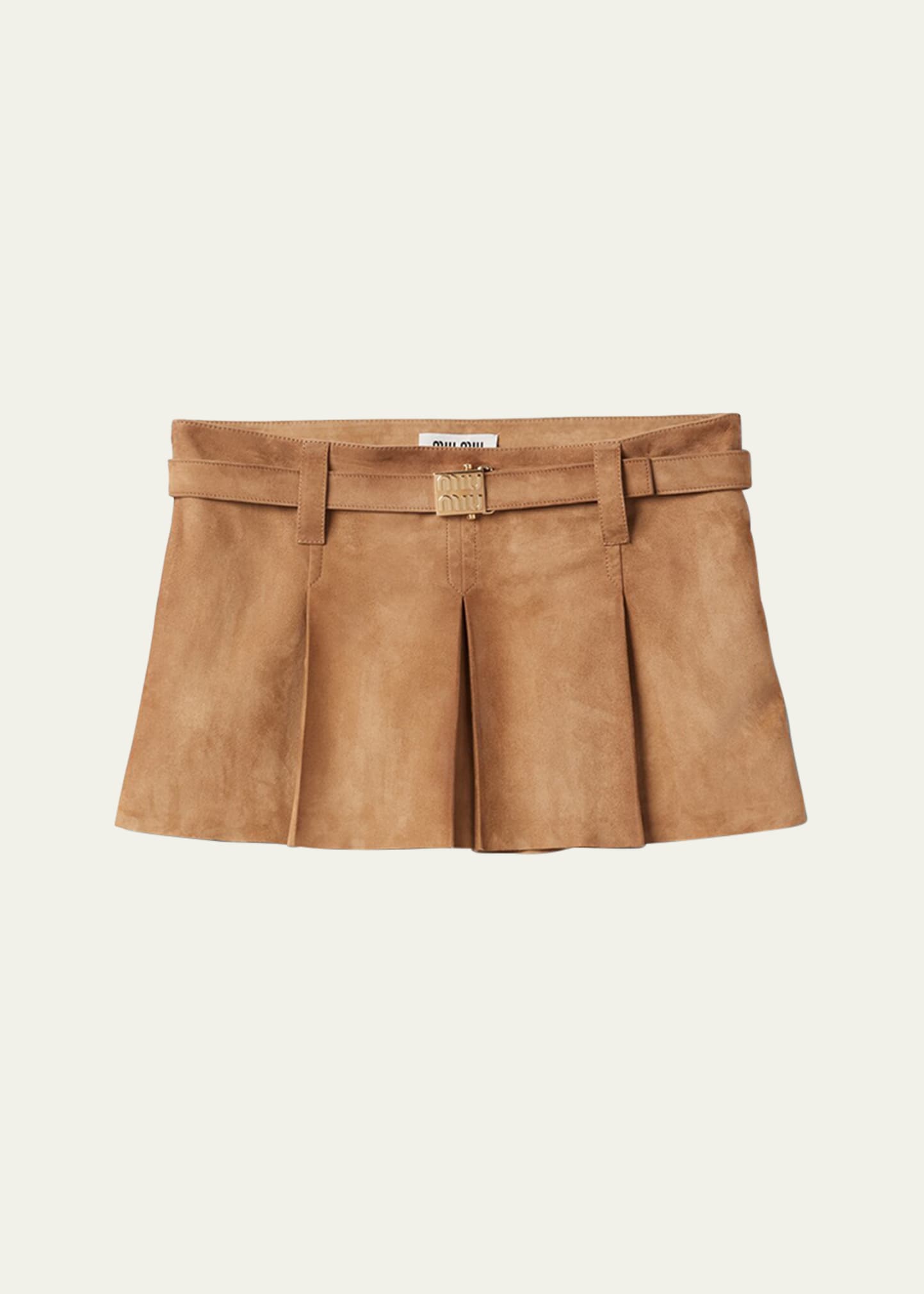 Miu Miu Large Pleated Leather Mini Skirt In Neutral