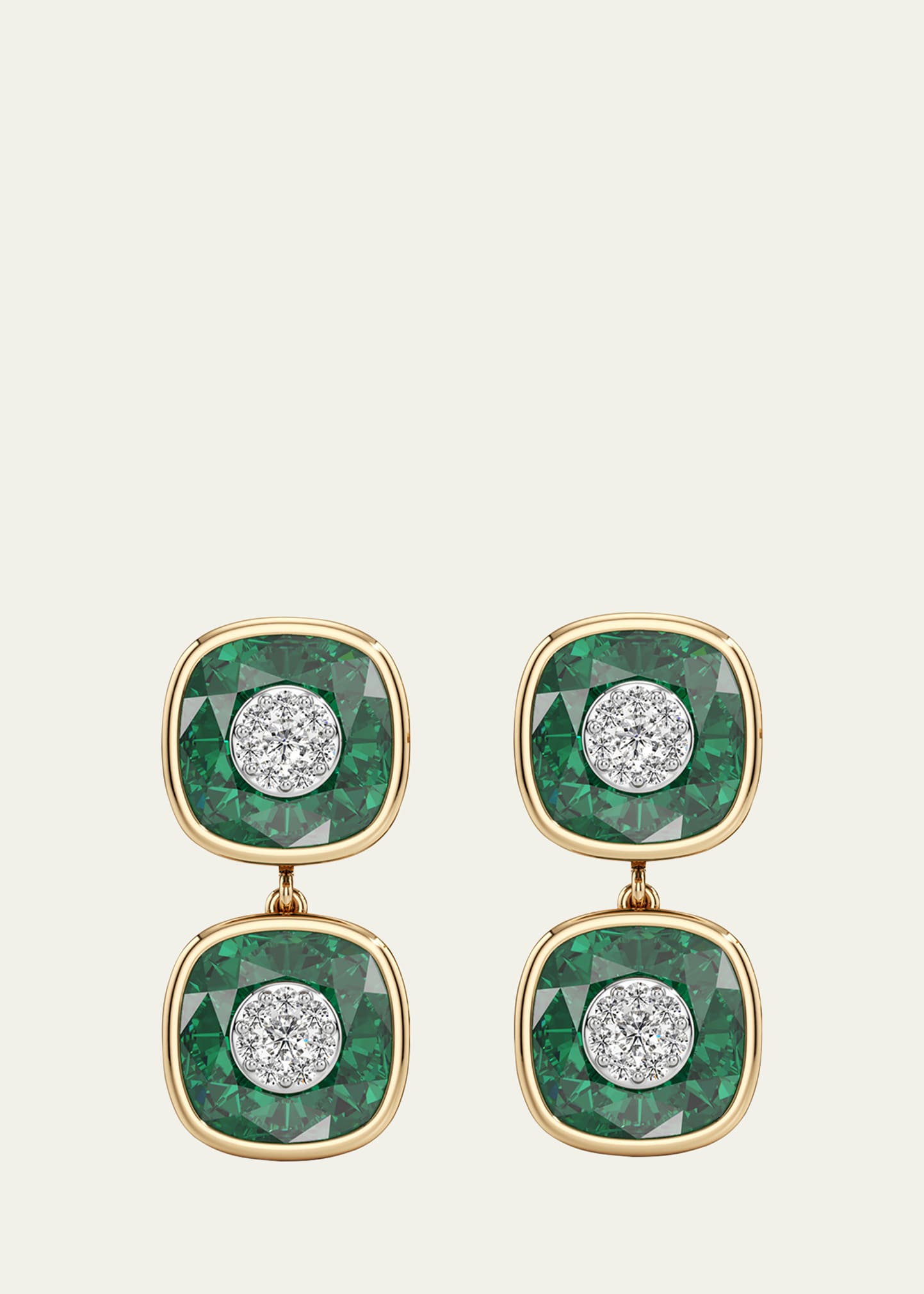 18K Yellow Gold One Collection Double Cushion Bezel Emerald and Diamond Earrings