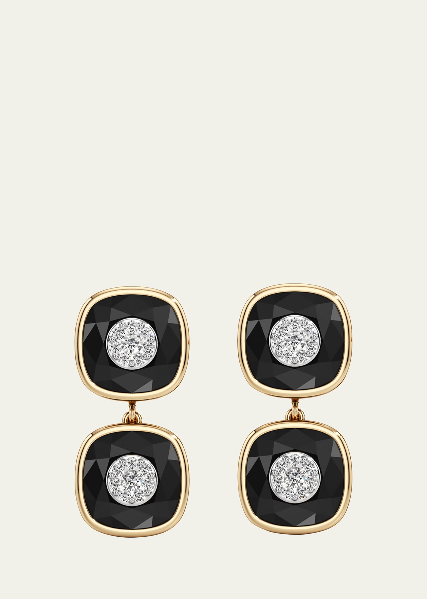18K Yellow Gold One Collection Double Cushion Bezel Onyx and Diamond Earrings