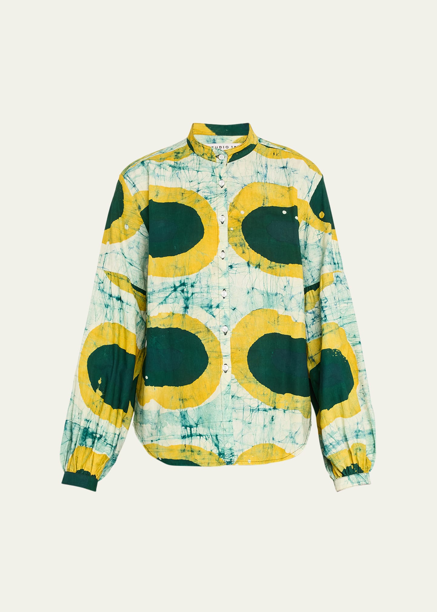 Shop Studio 189 Hand-batik Cotton Blouson-sleeve Shirt In Green Yellow