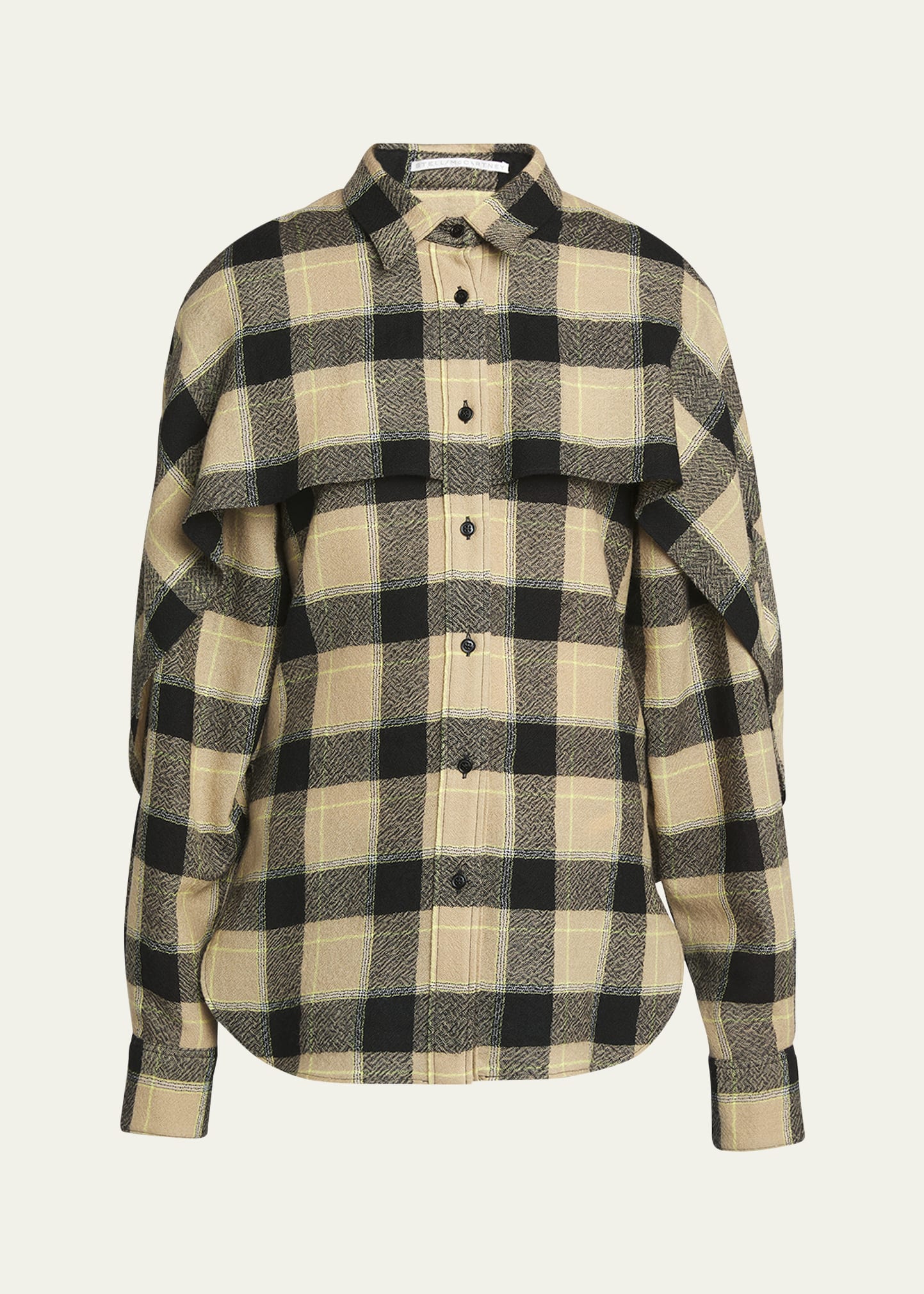 Plaid Wool Cape Detail Long-Sleeve Shirt