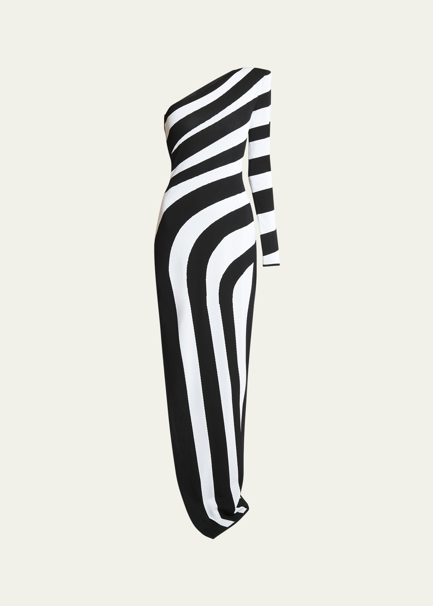 Shop Balmain One-shoulder Striped Knit Gown With Slit In Blk White