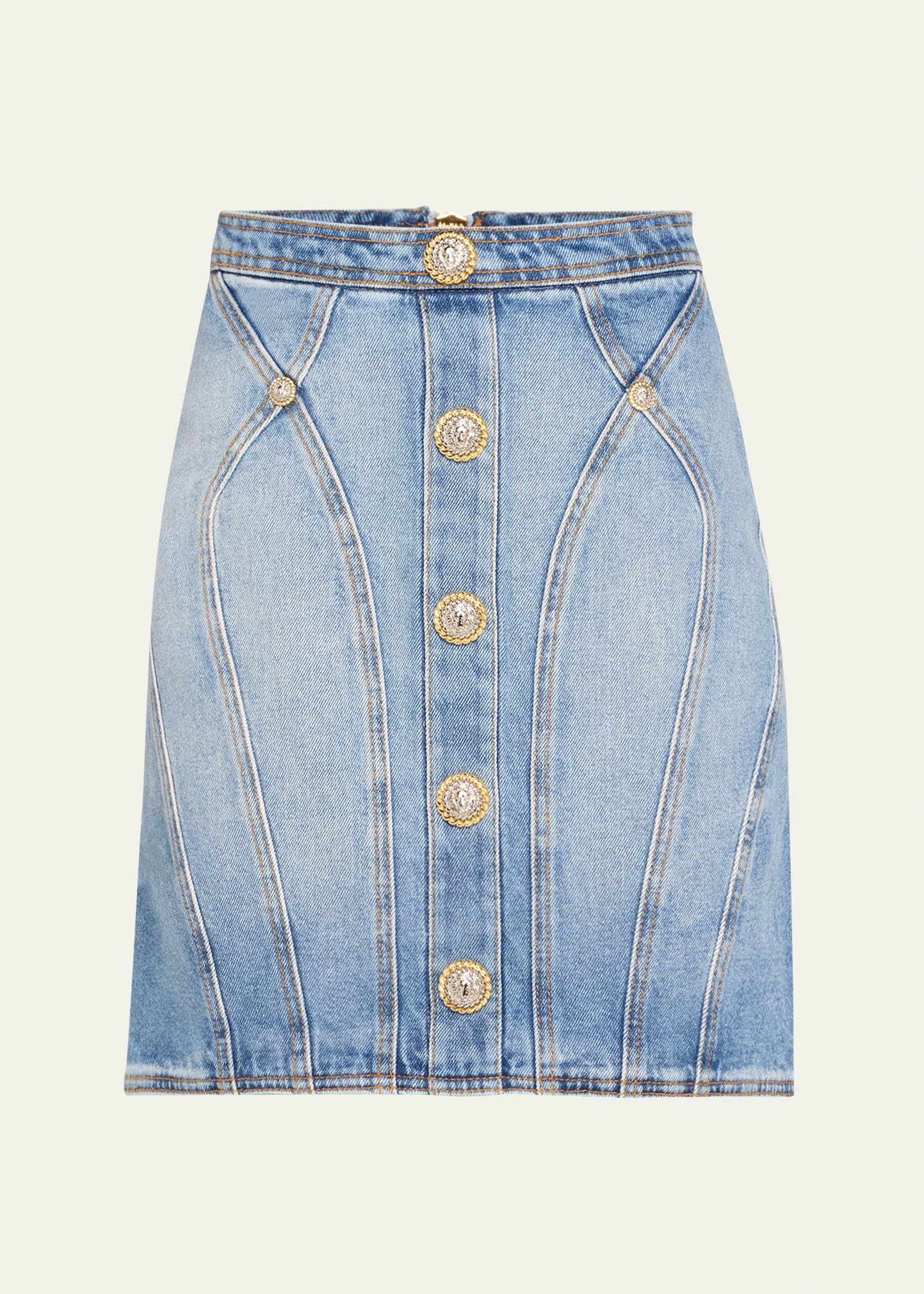 Seamed Denim Pencil Skirt with Gold-Tone Buttons