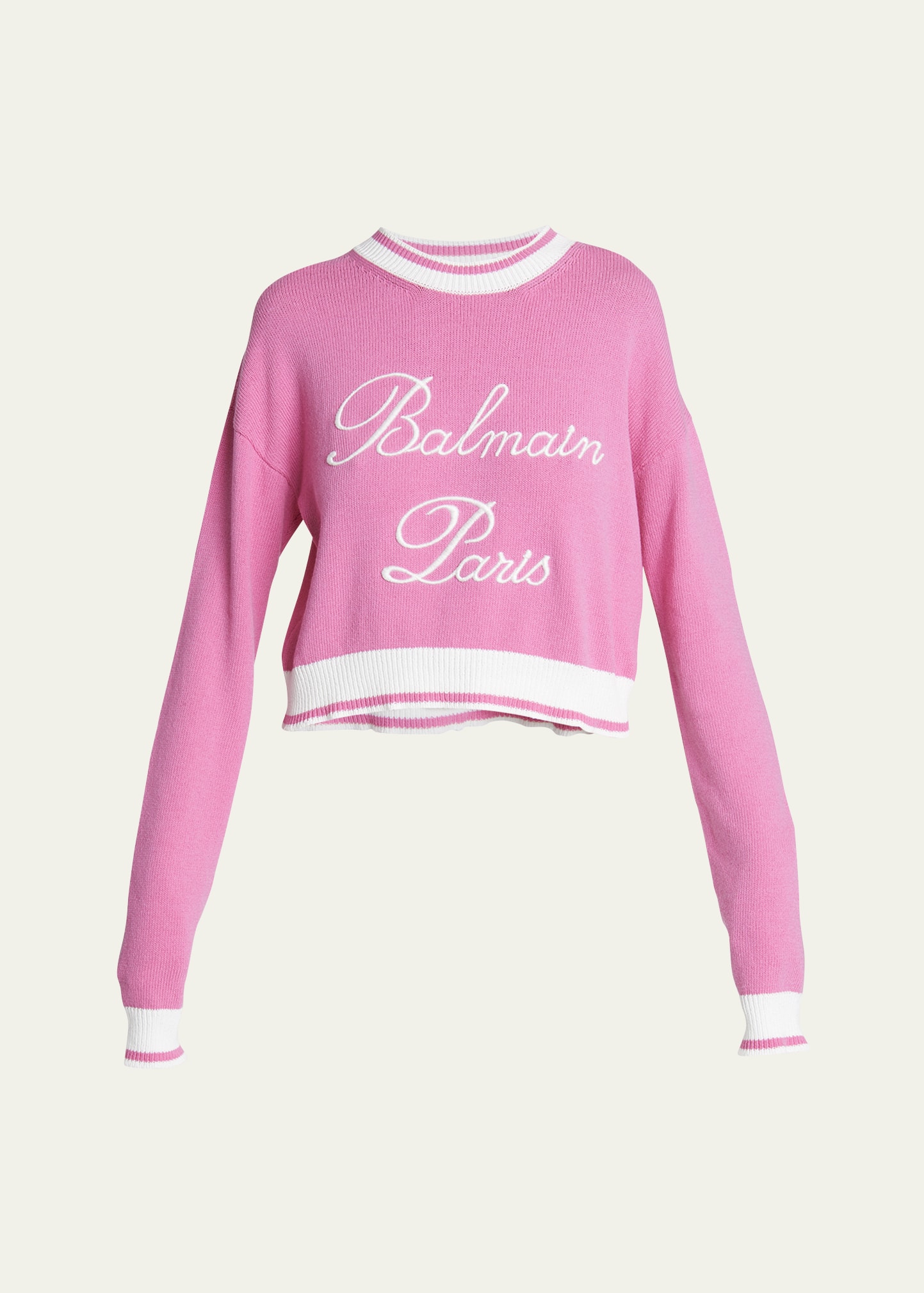 Shop Balmain Cropped Knit Sweater With Logo Detail In Rose Blanc