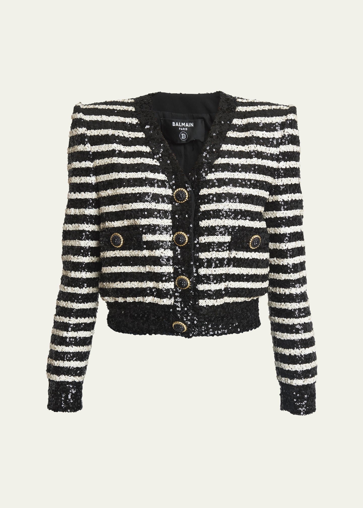 Shop Balmain Striped Sequined Crop Jacket With Button Details In Blk White