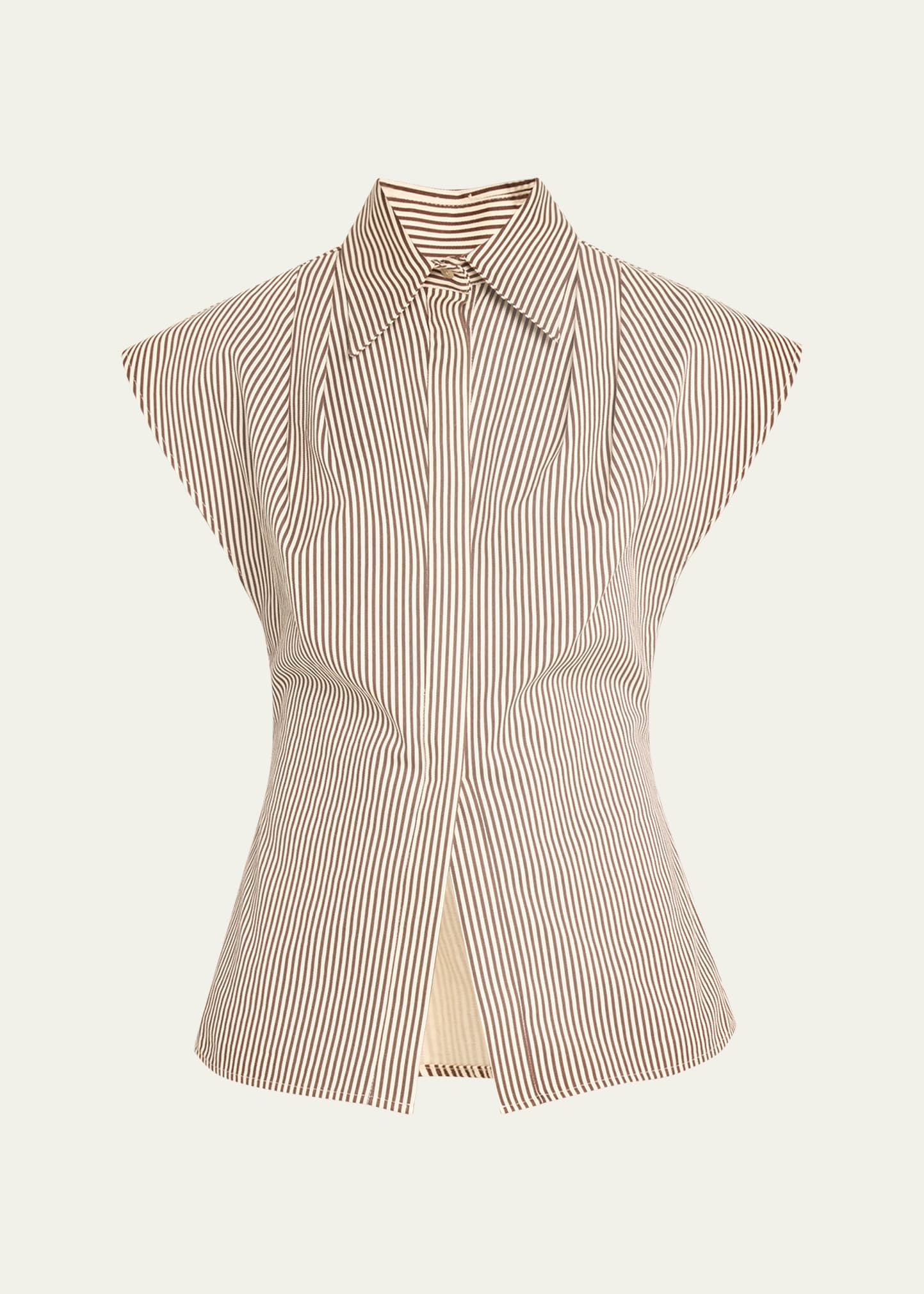Shop Brandon Maxwell The Gabi Button-front Shirt With Pleated Shoulder Detail In Chocolate Stripe