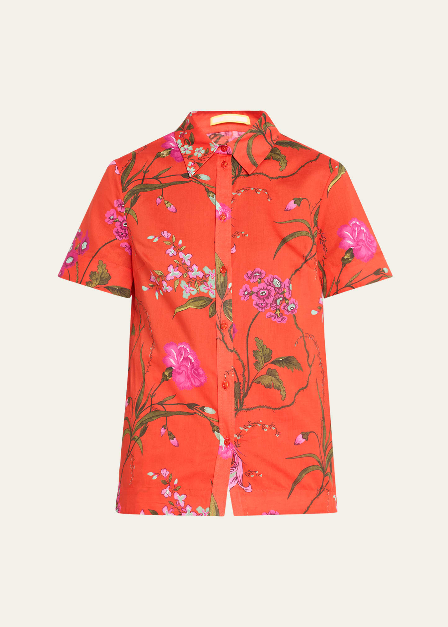 Shop Erdem Floral Short Sleeve Button Down Linen Blouse In Poppy