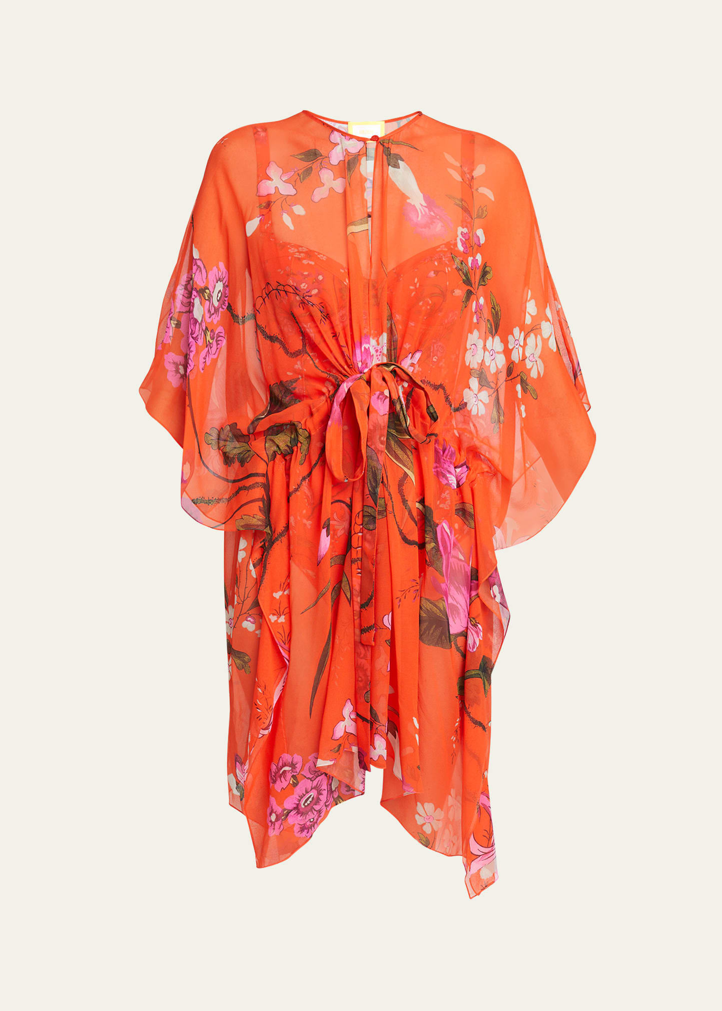 Shop Erdem Floral-print Tie-waist Silk Mini Kaftan Dress In Poppy