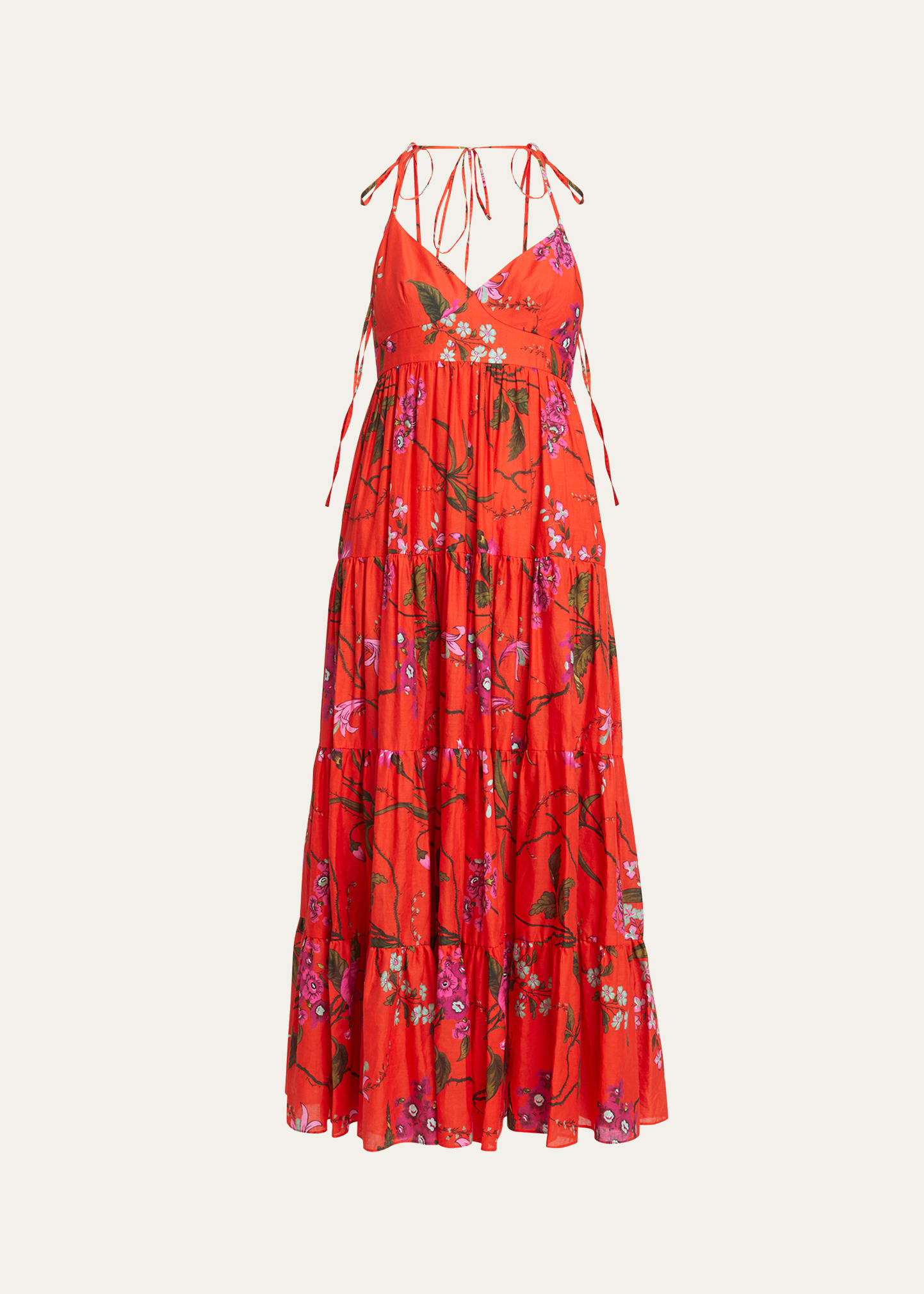 Shop Erdem Floral-print Strappy Ties Tiered Midi Dress In Poppy