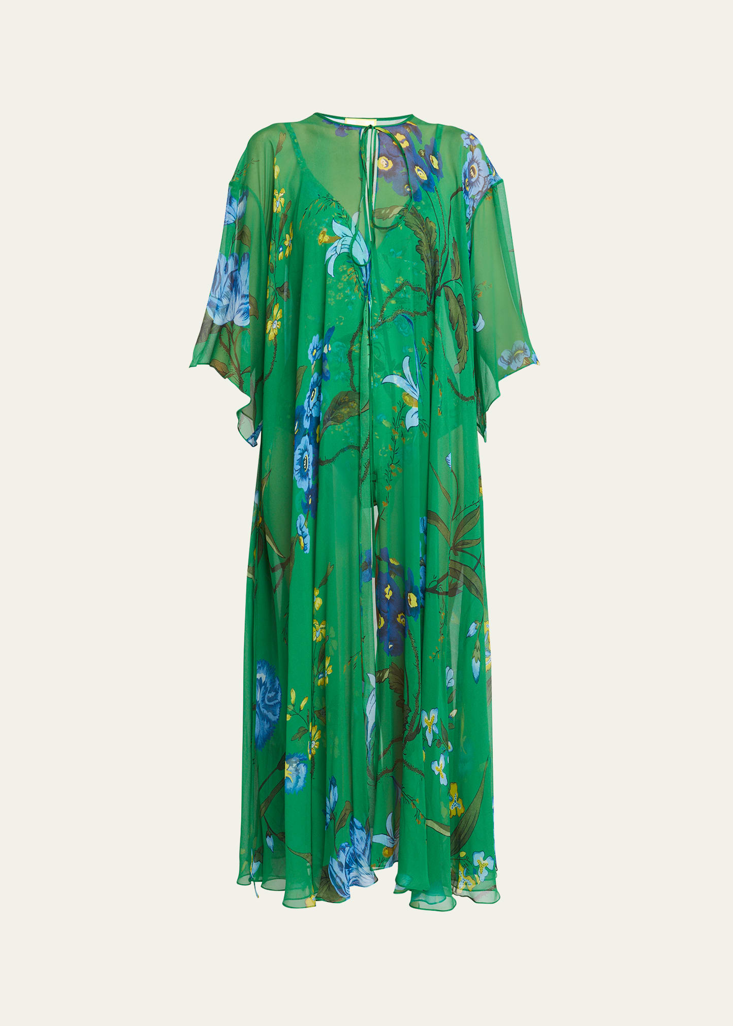 Shop Erdem Floral-print Silk Open Maxi Kaftan Dress In Green
