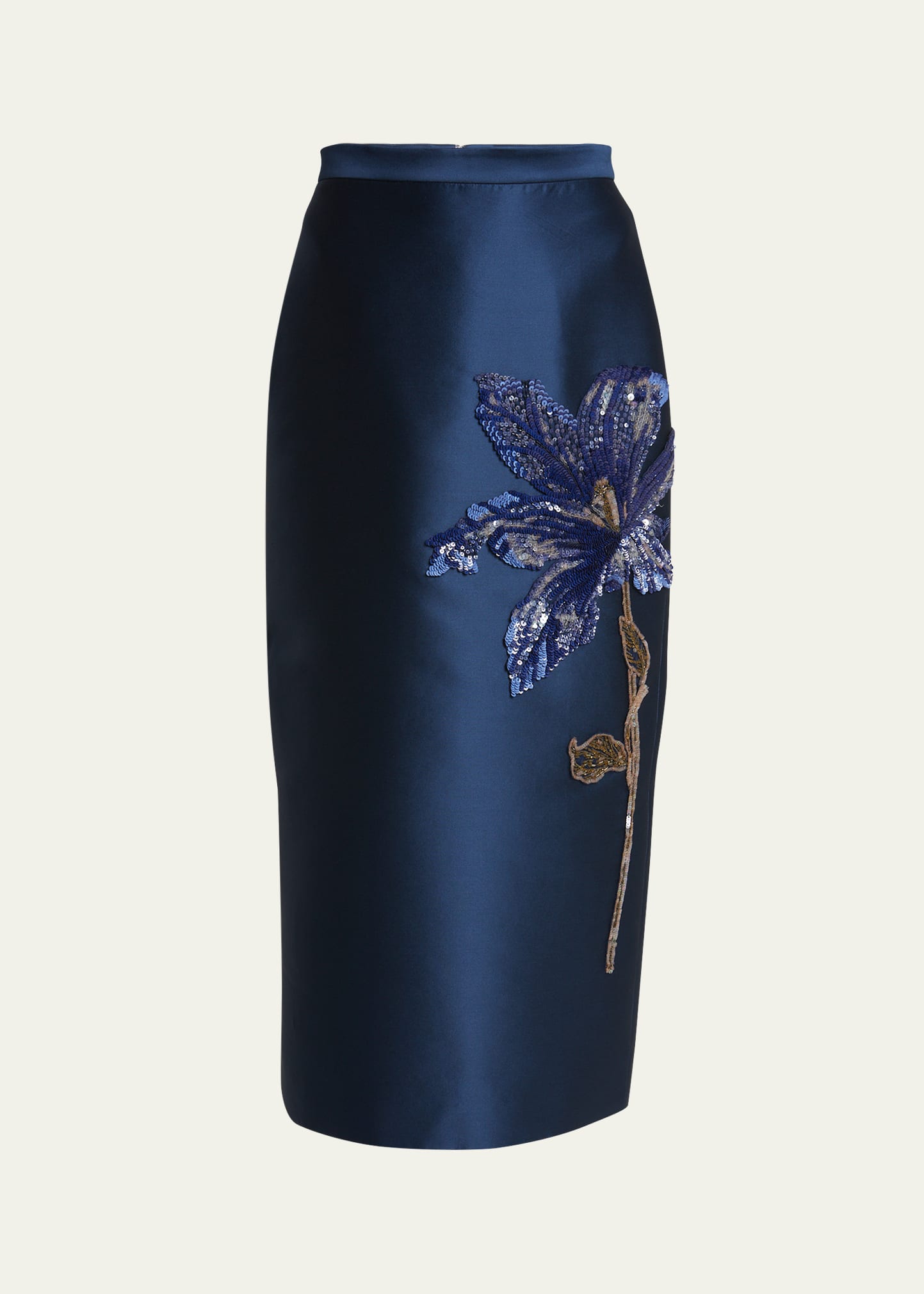 Beaded Floral Silk Midi Pencil Skirt