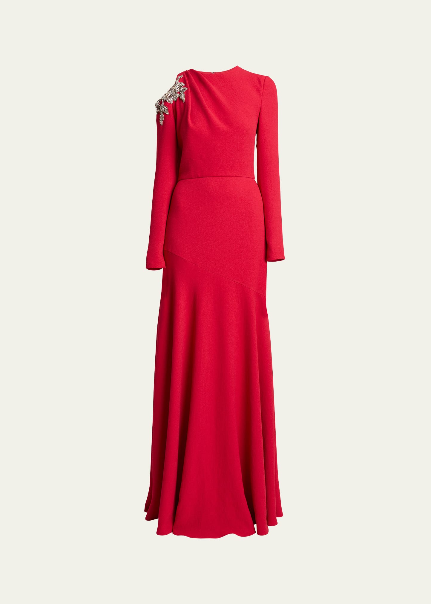 Crystal Embellished Long-Sleeve Evening Gown