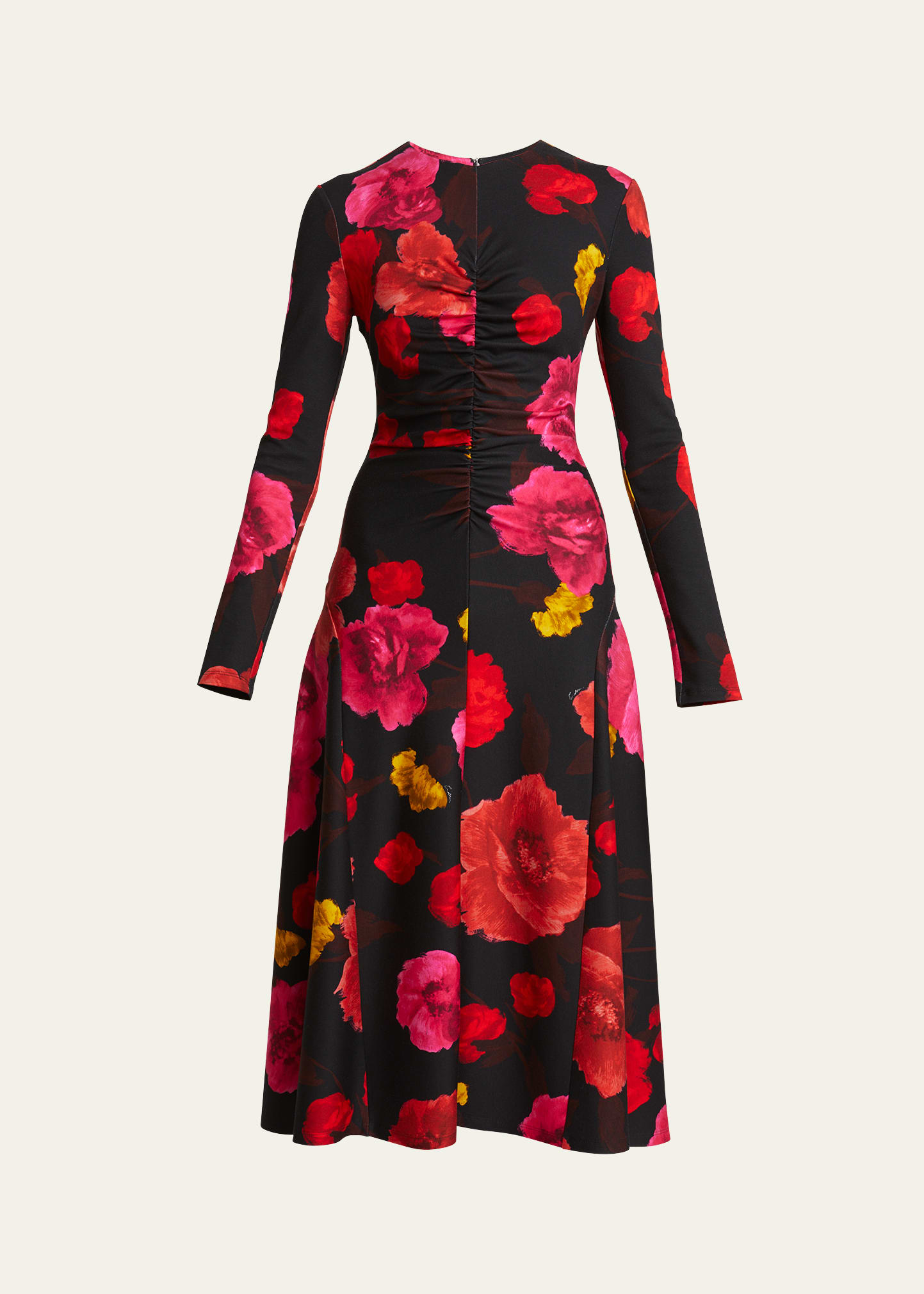 Ruched Floral Long-Sleeve Midi Dress