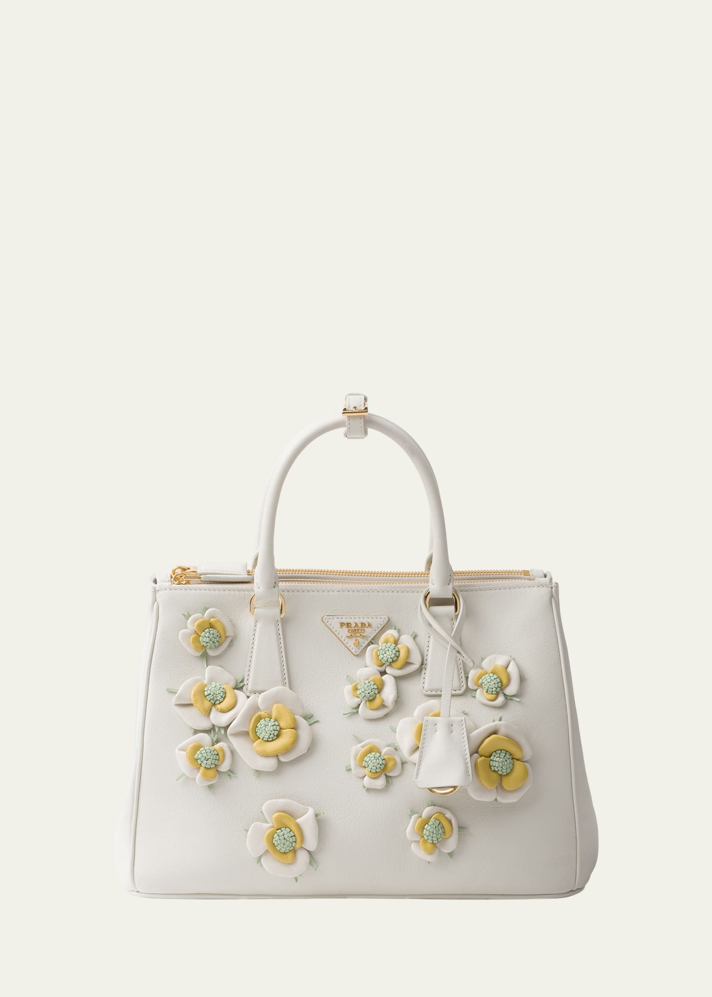 Prada Galleria Floral Leather Top-handle Bag In White