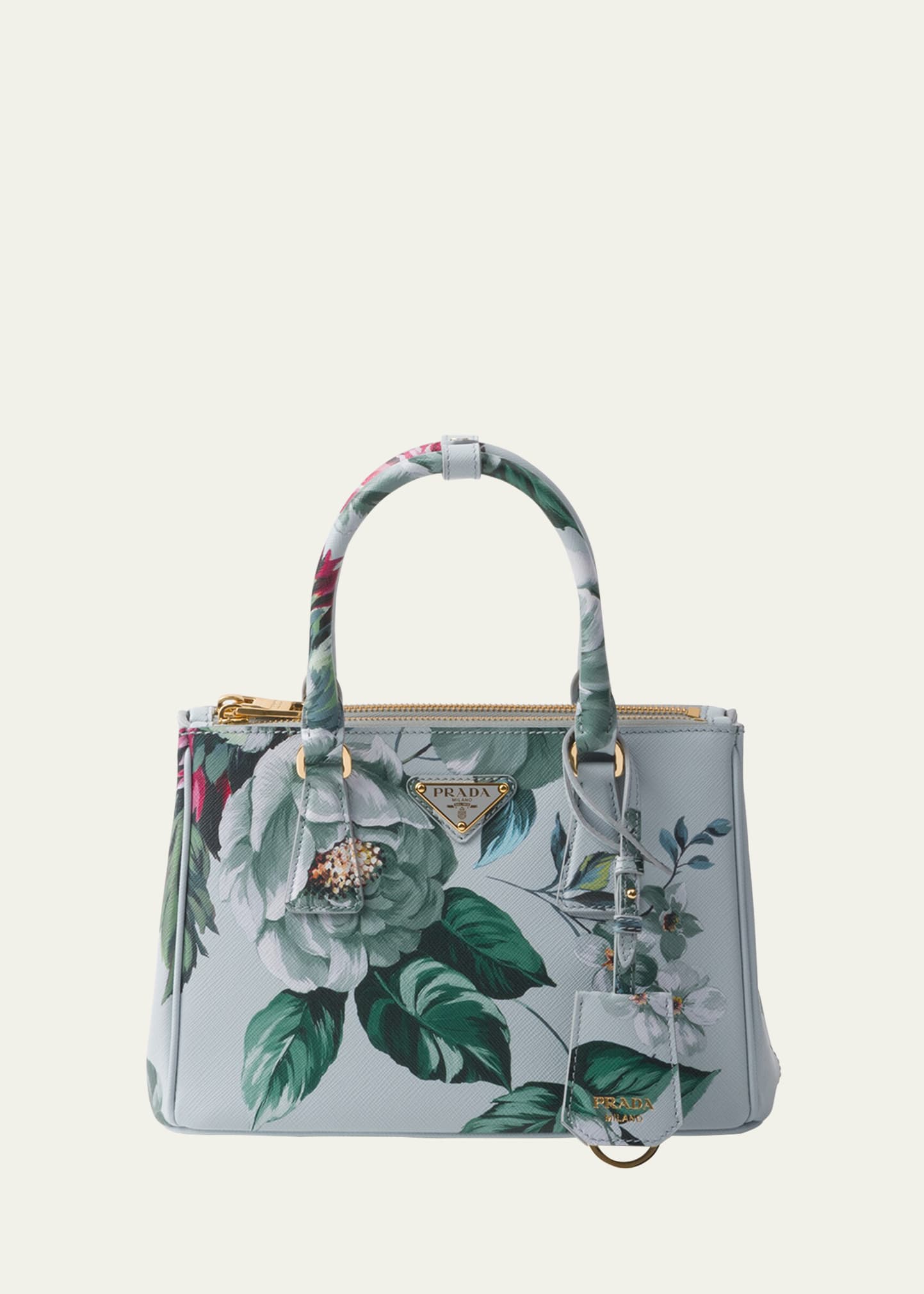 Shop Prada Galleria Flower-print Leather Top-handle Bag In F0092 Salvia