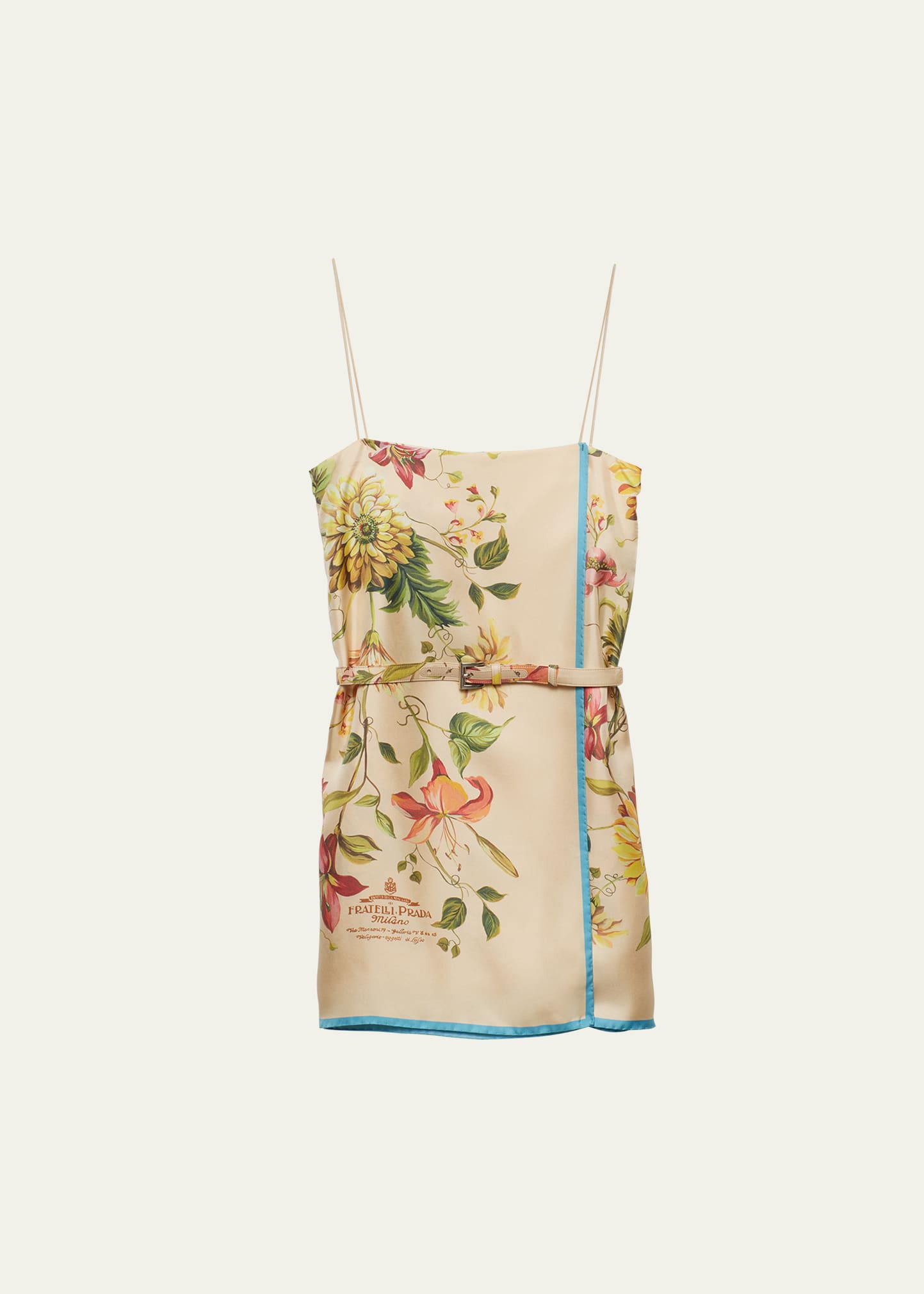 Prada Floral Belted Silk Twill Mini Dress In F0032 Vaniglia