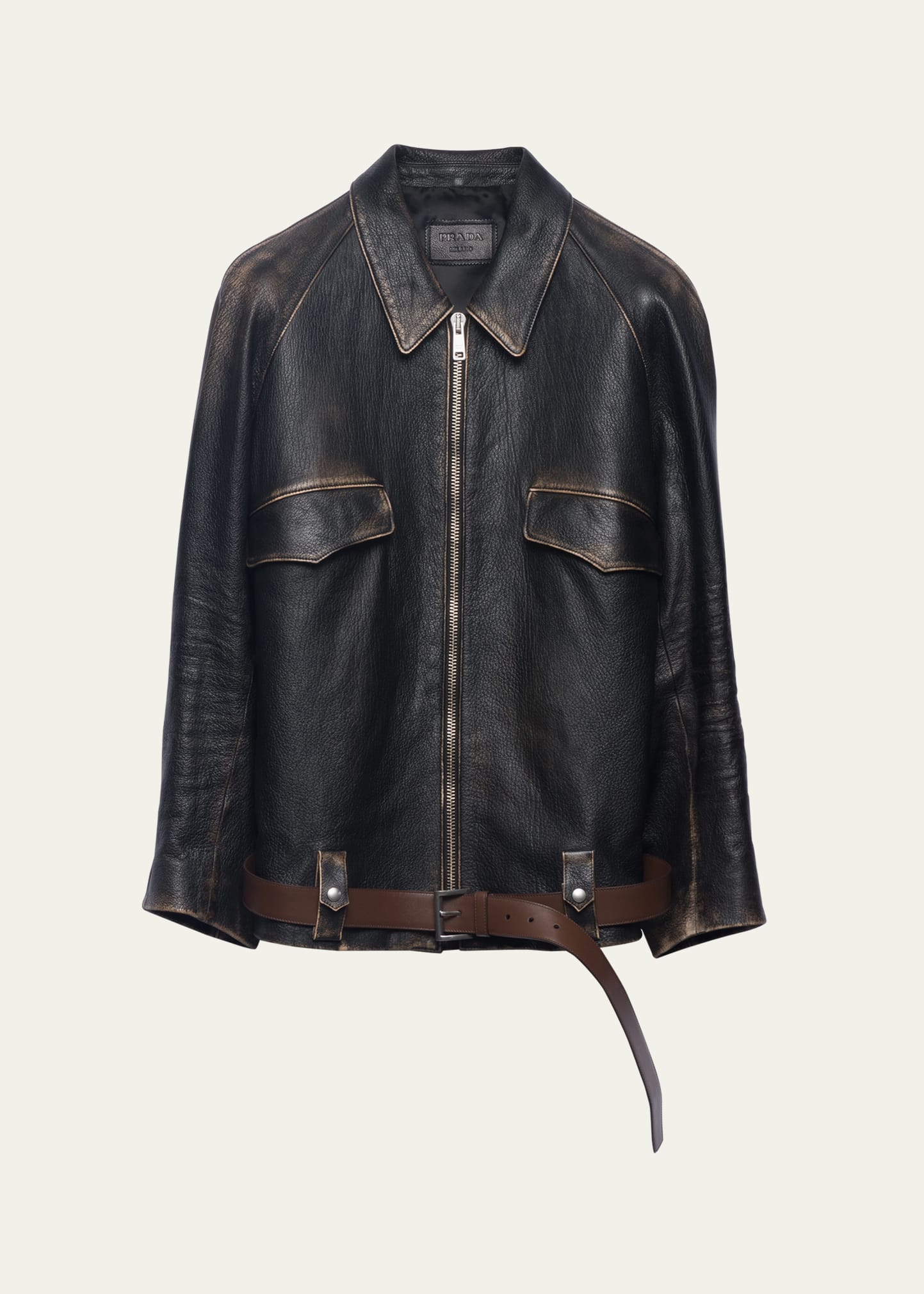 Shop Prada Leather Belted Jacket In F0002 Nero
