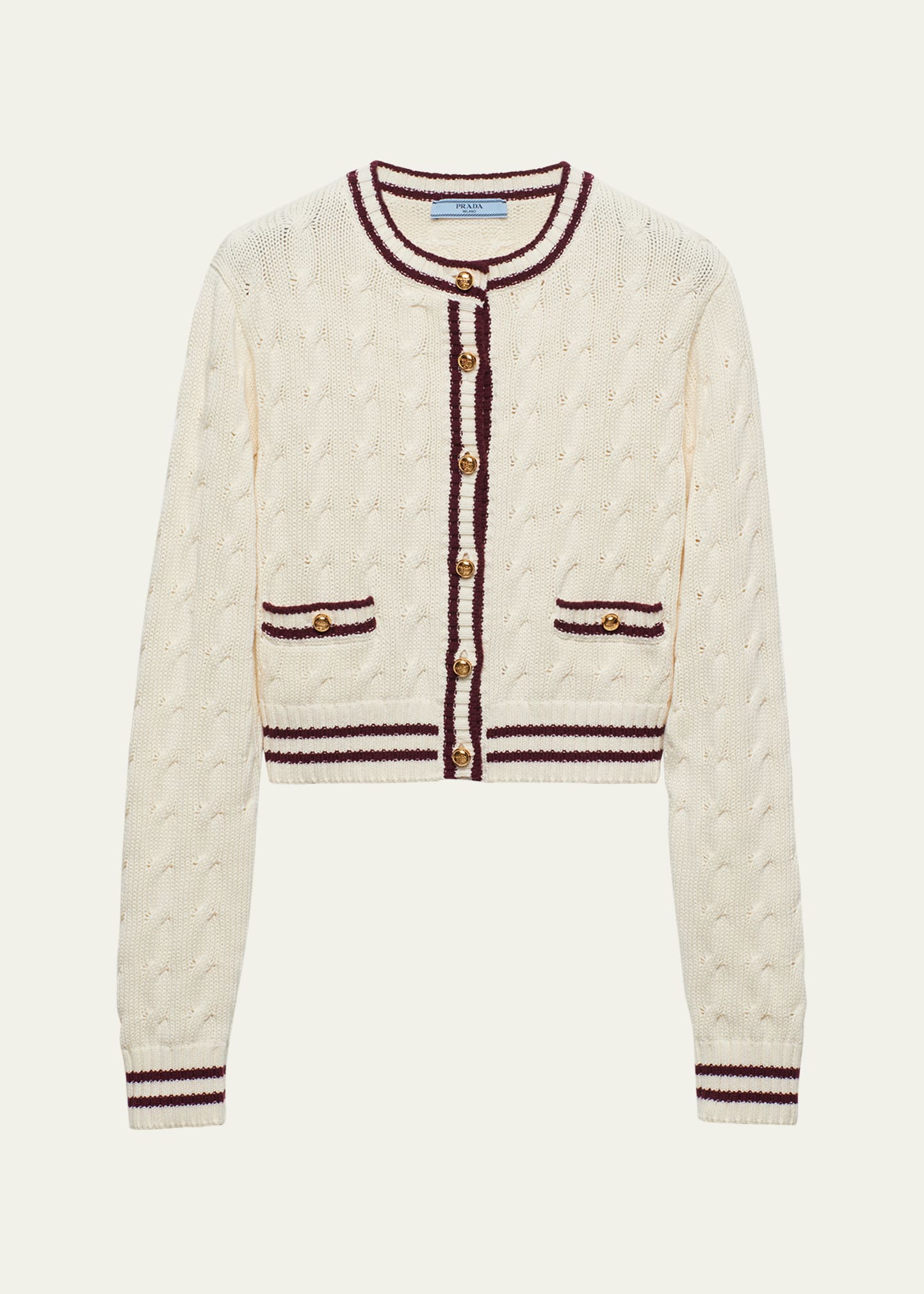 Shop Prada Contrast Trim Cable-knit Cardigan In F0va5 Bianco Bord